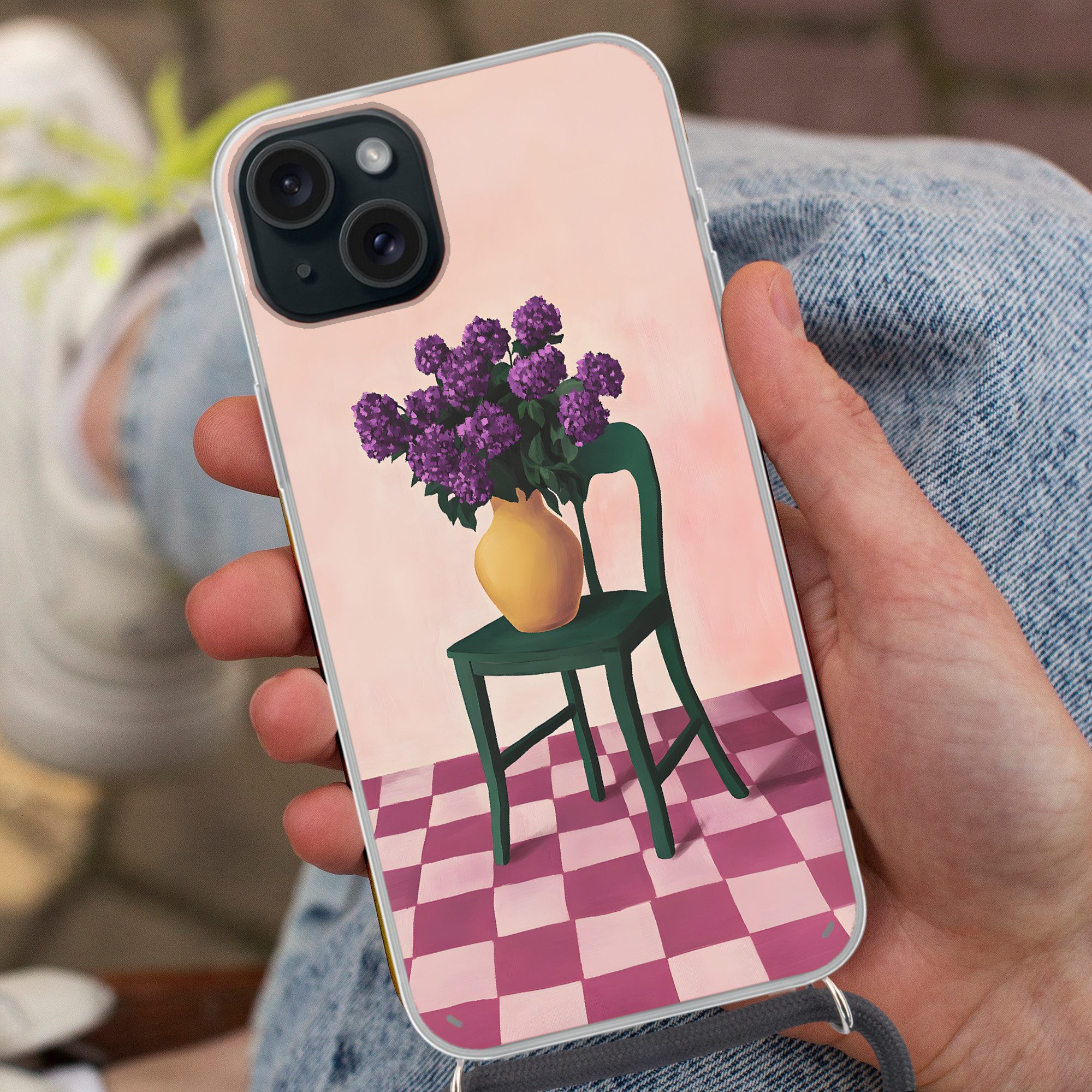 MuchoWow Handyhülle für Apple iPhone 15 Plus Stuhl - Vase - Blumen - Blockiert, Tragbare Handyhüllen mit Kette zum umhängen, Handykette Handyband
