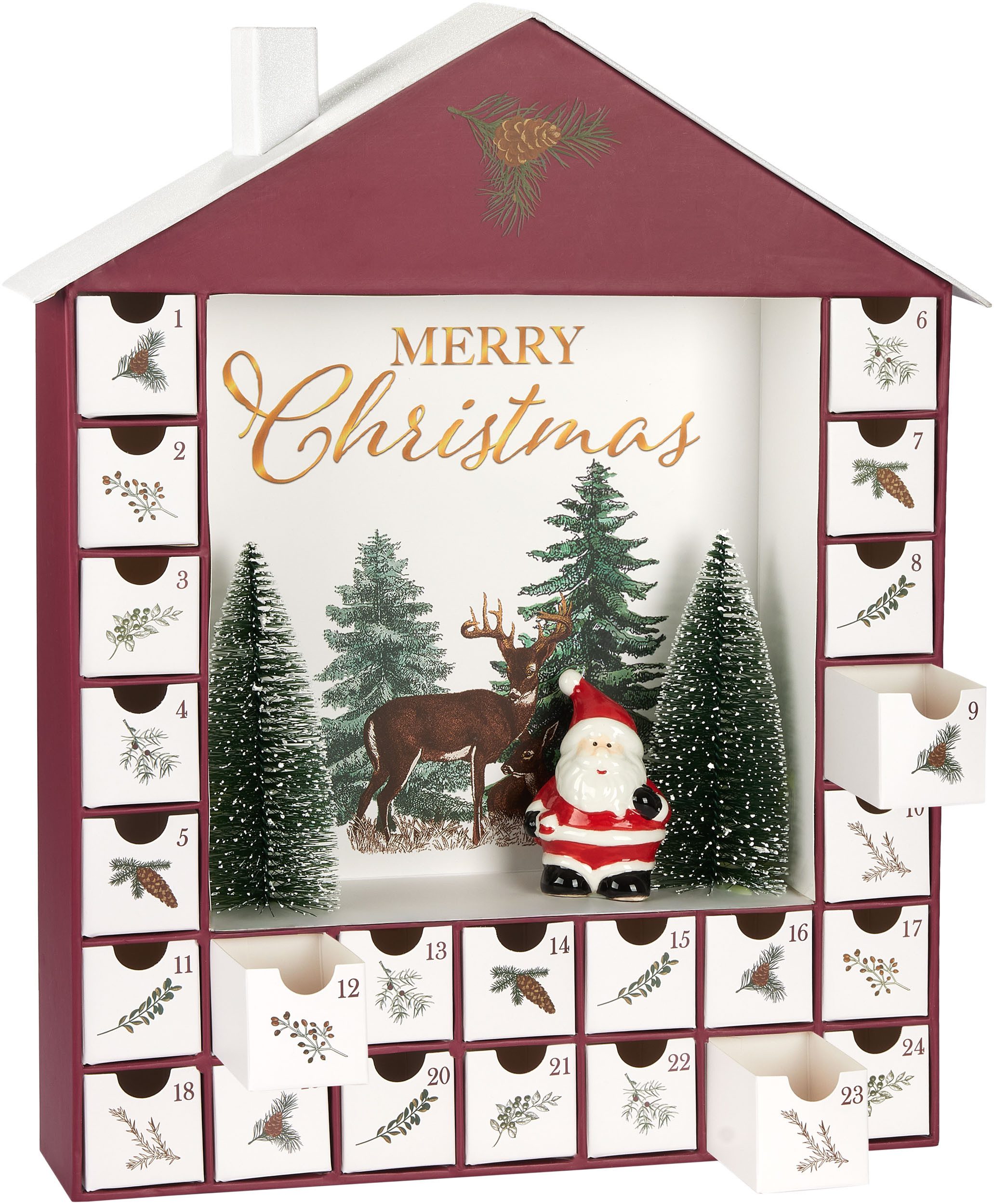 BRUBAKER befüllbarer Adventskalender Haus 2025 - Adventskalender zum Befüllen - DIY Weihnachtskalender (1-tlg), Kalender mit 24 Türchen und Keramik Weihnachtsmann - 44 cm