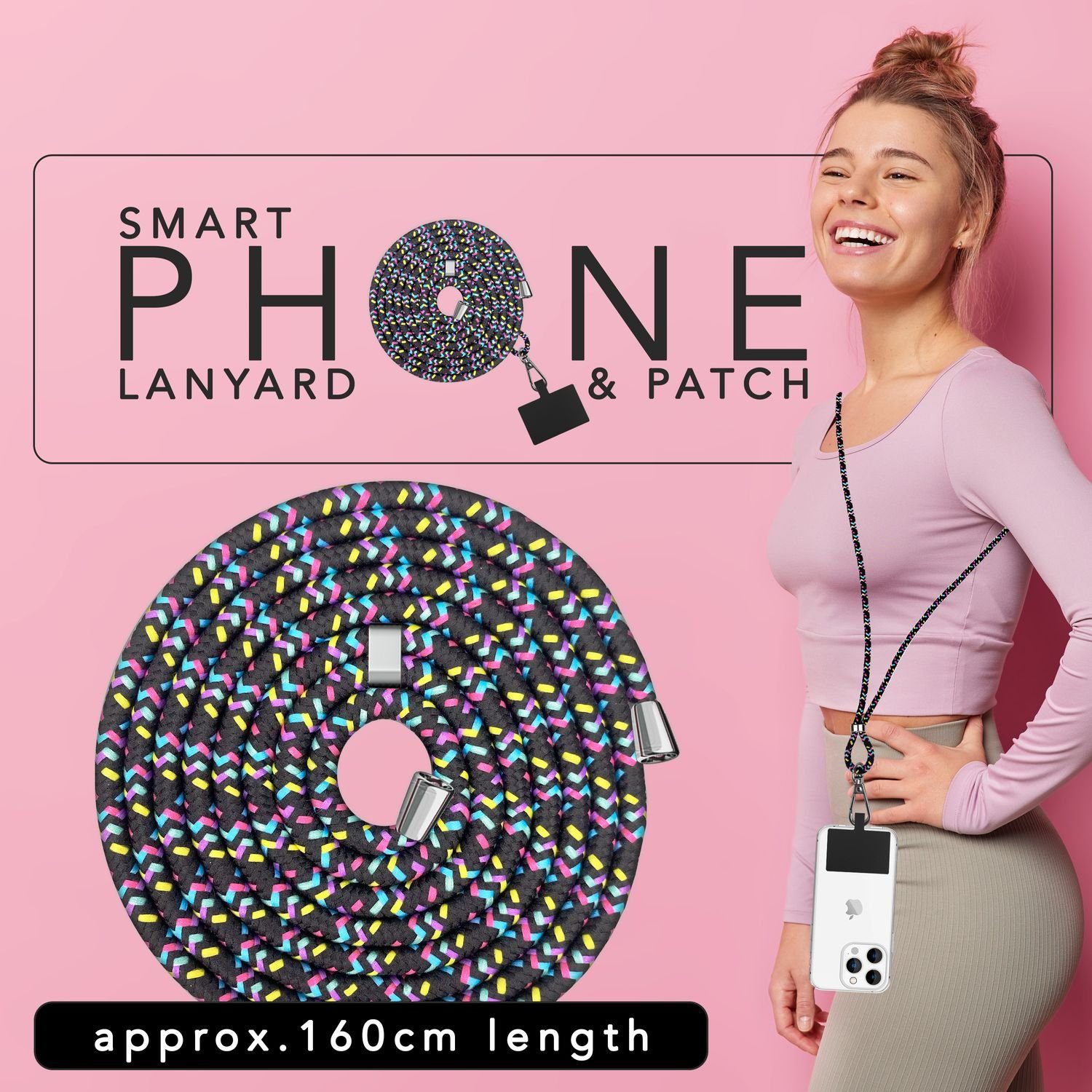 Nalia Handykette Universal Smartphone, Buntes Handy Band zum Umhängen mit Pad / 160 cm Schlüsselband Lanyard