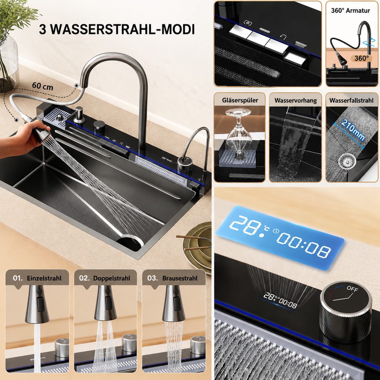 Faizee Home Einbauspüle Einbauspüle Nano Wasserfall Geschirrspülbecken