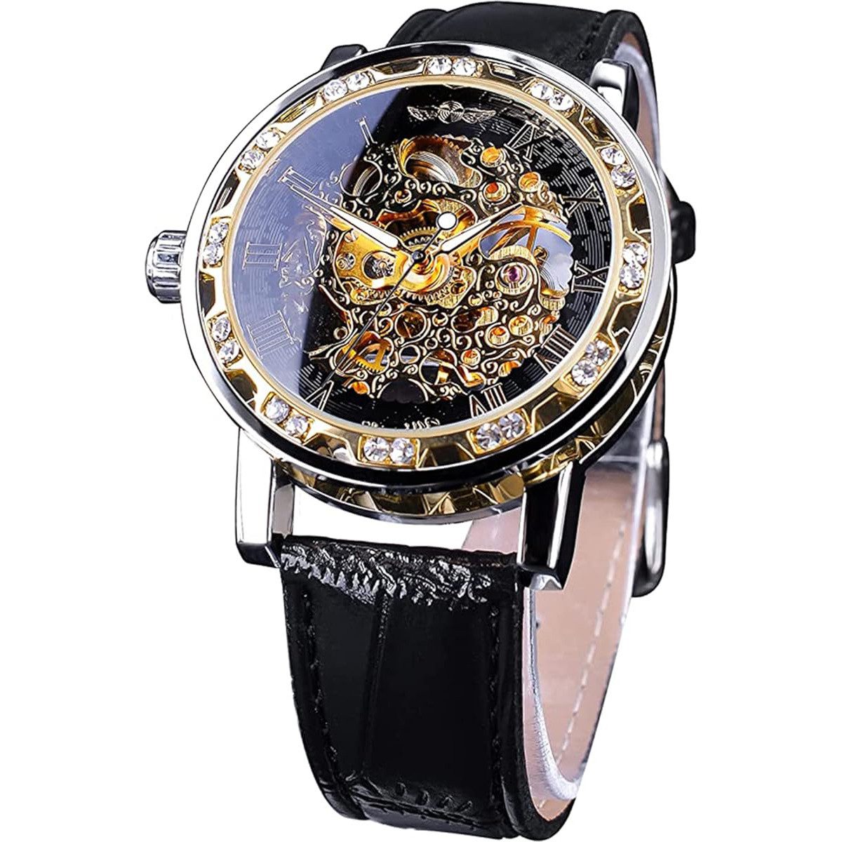 Jioson Mechanische Uhr Manuelle Mechanische Skelett Uhr mit Diamantschnitzen Blume Handwerk, (1-tlg), Armbanduhr Klassische römische Zahl, Schwarze Goldfarbe