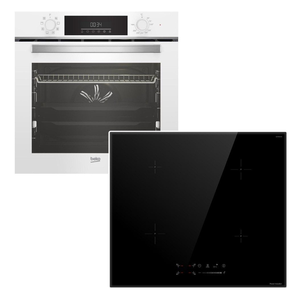 BEKO Backofen-Set EINBAUHERD weiß Teleskopauszug+keenberk INDUKTIONSKOCHFELD Slider 60cm, mit 1-fach Teilauszug, Steam Clean