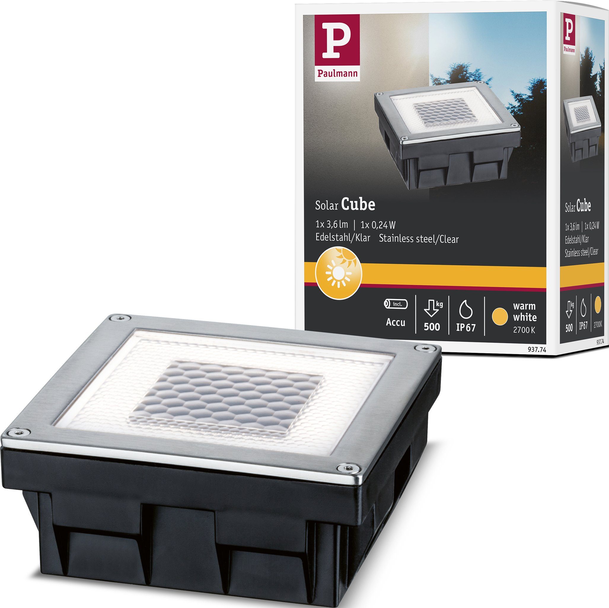 Einbauleuchte Paulmann Solar, LED-Board, Warmweiß, Bodeneinbauleuchten-Set, fest LED Cube, LED Edelstahl integriert,