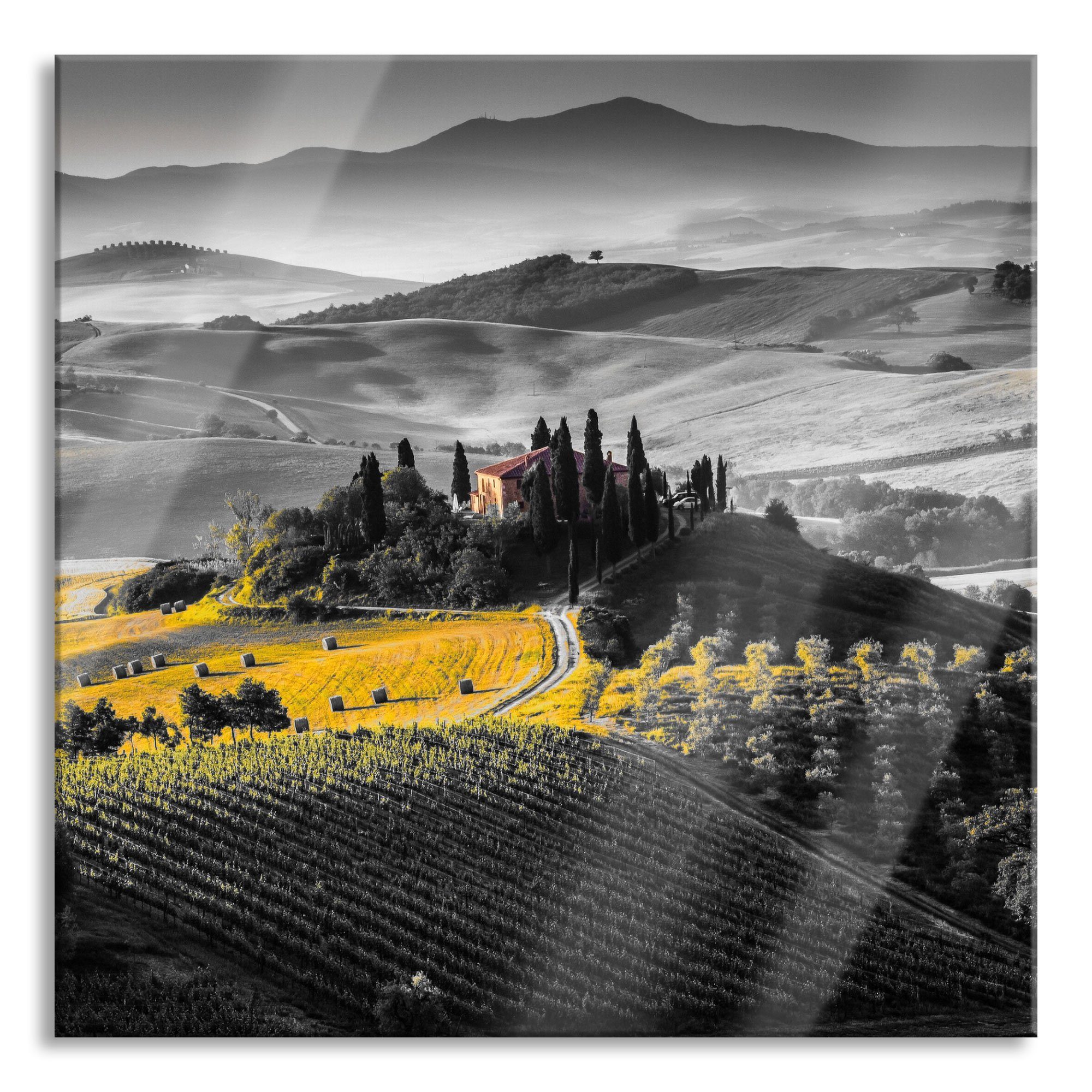 Pixxprint Glasbild Toskana Landschaft mit Feldern, Toskana Landschaft mit Feldern (1 St), Glasbild aus Echtglas, inkl. Aufhängungen und Abstandshalter