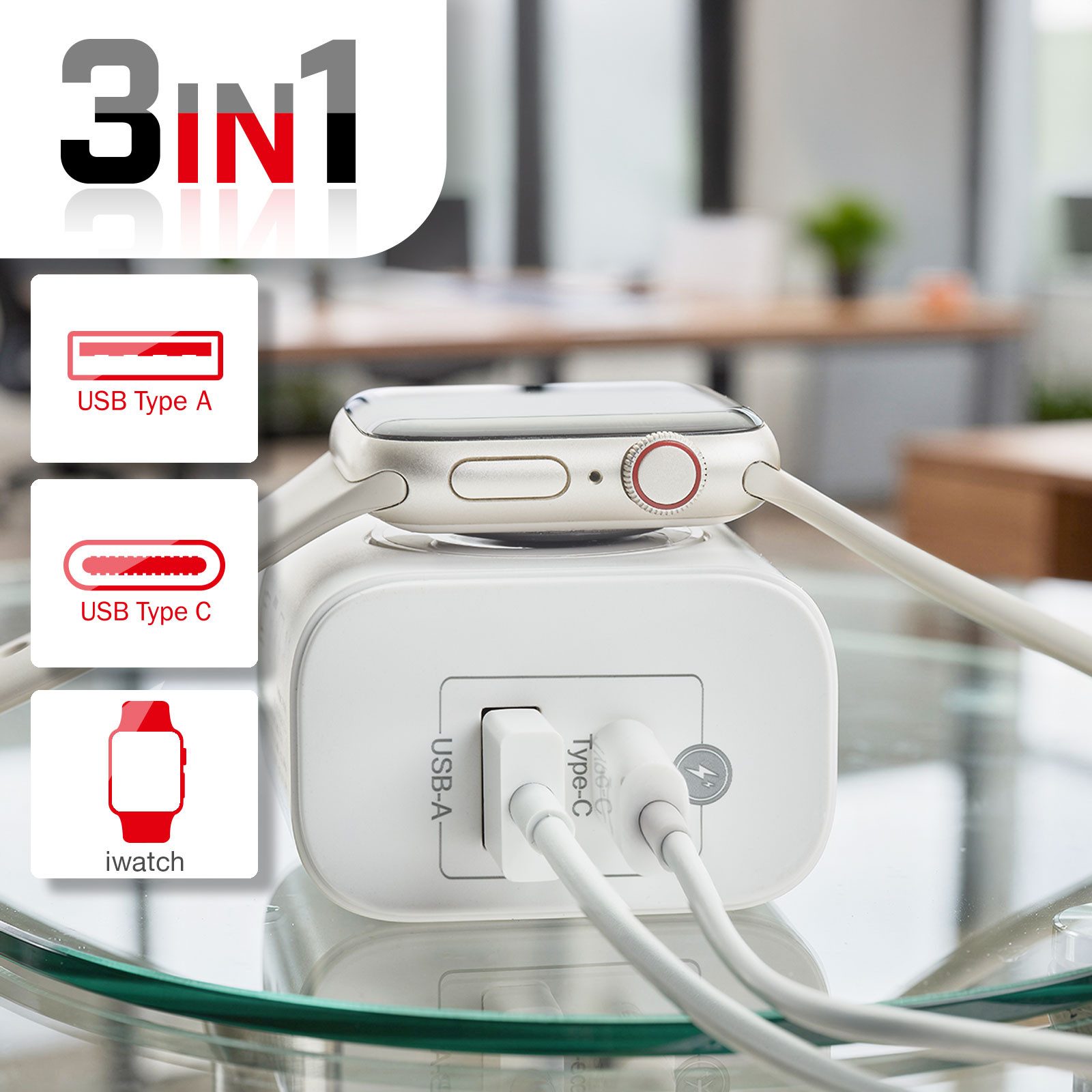 CAVO USB 3-in-1 Netzteil weiß USB-C (bis 20W) USB-A (bis 18W) USB-Ladegerät (Quick Charge QC 3.0 Wireless Charger 3W für Apple Watch) – Bild 5 von 5