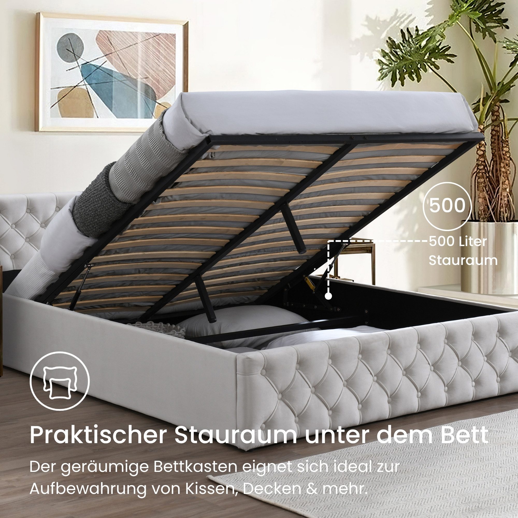 Home Collective Polsterbett Doppelbett 140x200 160x200 Bettgestell mit Lattenrost und Stauraum (mit gepolstertem Kopfteil und weichem Velours-Bezug, robustes Gestell, hoher Liegekomfort), moderne Steppung, Beigefarben 140x200