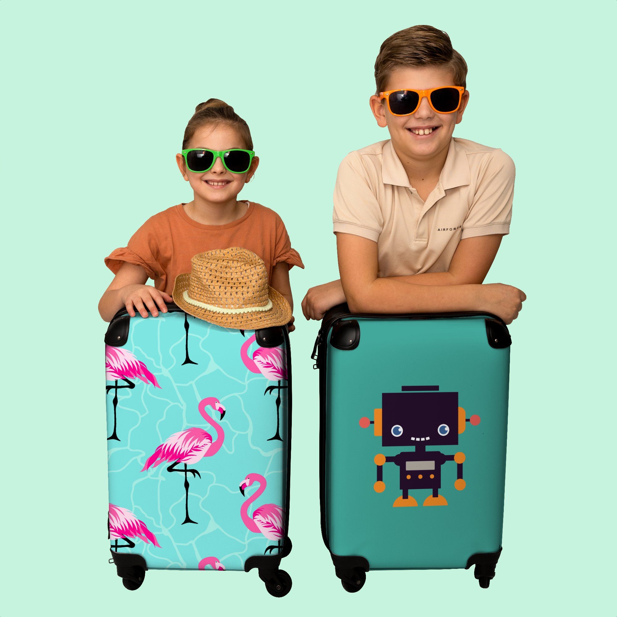 NoBoringSuitcases.com© Kinderkoffer 55x35x20cm Flamingo - Mädchen Koffer Kindertrolley, Mädchen mit Blau 4 Kind Design, 4 Rollen, Reisekoffer - für - - rollen