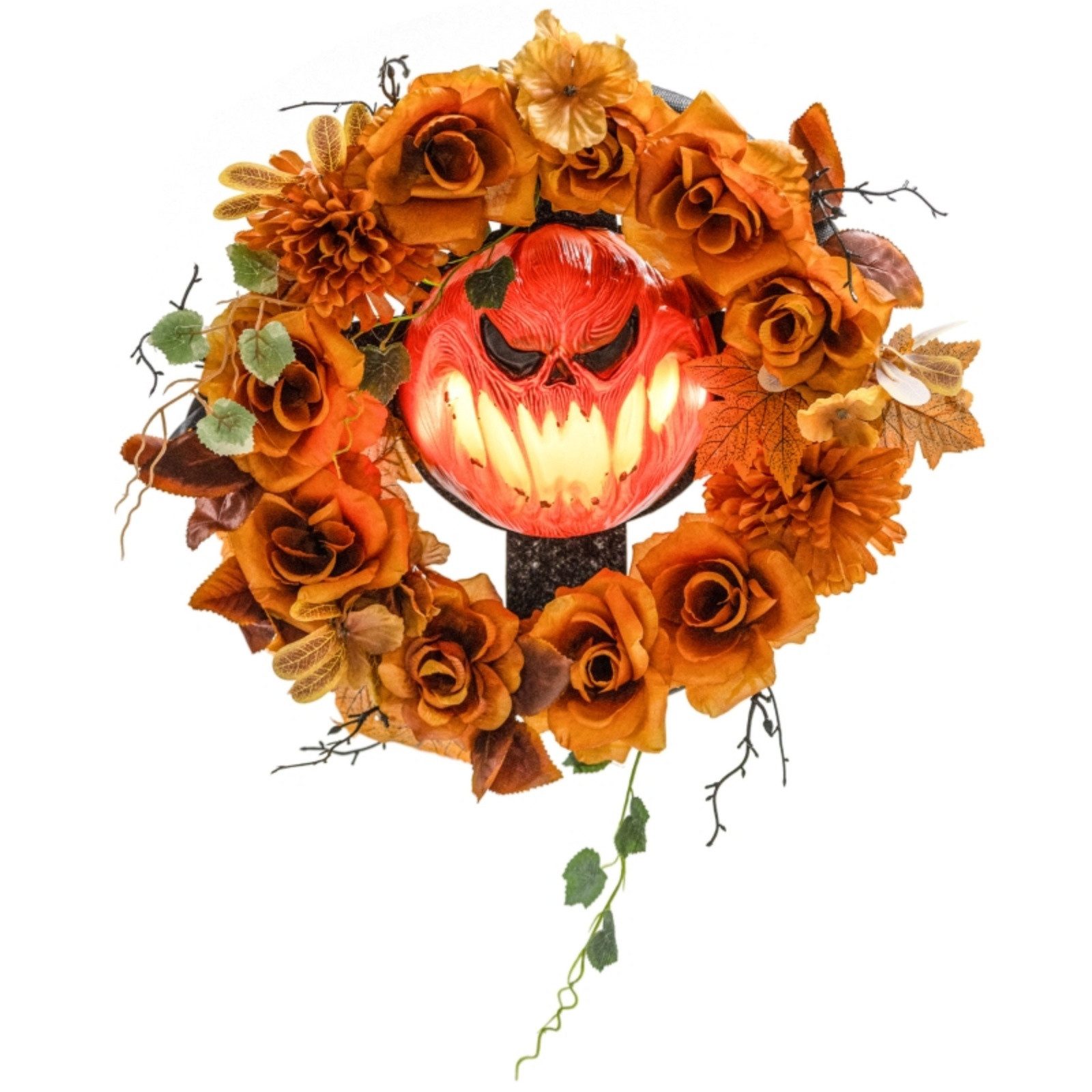 Blossom Dekoobjekt Halloween Kranz Kürbis-Türkranz mit Herbstblättern Lichteffekte, Halloween Dekoration für Haustür, Fenster und Innenbereich
