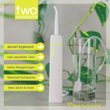 one:two:shine Reise-Munddusche TWO, klein, leicht, kabellos & elektrisch für Urlaub & Reise, mit, Aufsätze: 3 St., zur effektiven Zahnzwischenraumreinigung