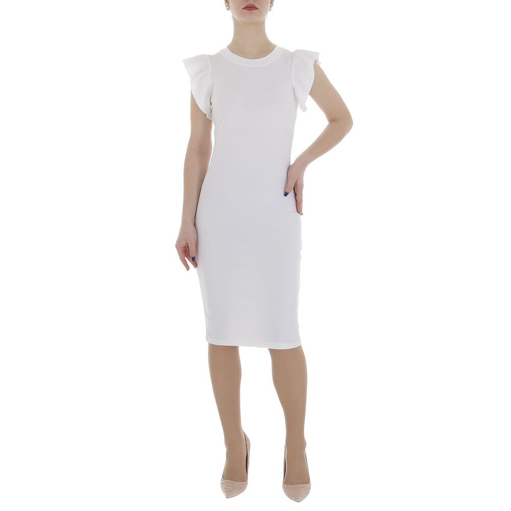 Ital-Design Sommerkleid Damen Freizeit (86164469) Rüschen Stretch Rippstrickoptik Minikleid in Weiß