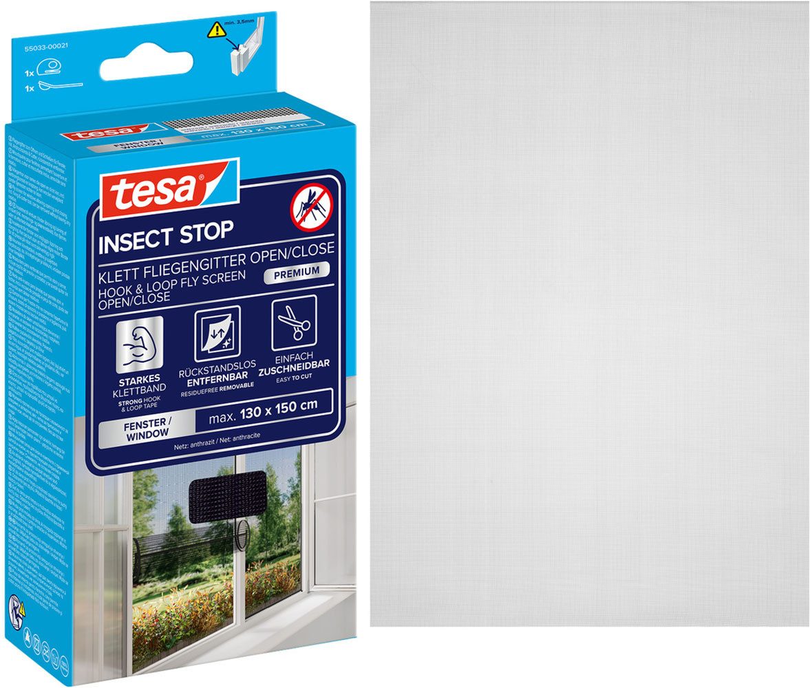 tesa Fliegengitter-Gewebe Open/Close Premium für Fenster, (Packung, 1-St., Fliegennetz, Klettband, Andrück und Schneidehilfe), Insektenschutz zum Öffnen und schließen - Mückenschutz ohne Bohren