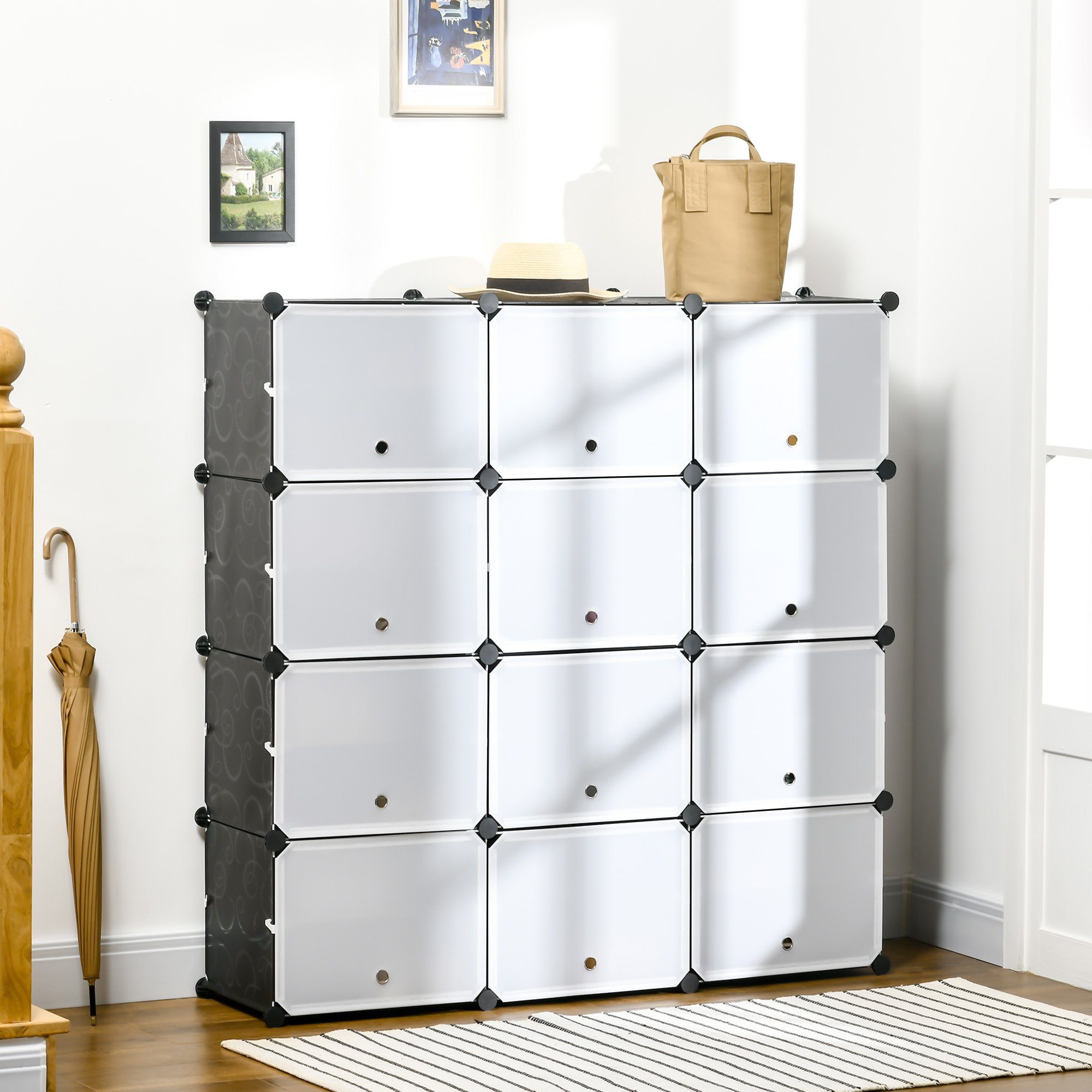 HOMCOM Kommode DIY Regalsystem mit 12 Würfeln (Aufbewahrungsregal, 148 St., DIY-Würfelregal), Kunststoff Stahl Schwarz+Weiß 125 x 32 x 125 cm
