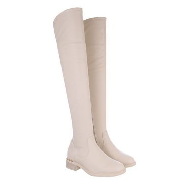 Ital-Design Damen Party & Clubwear Overkneestiefel Blockabsatz Overknees in Beige