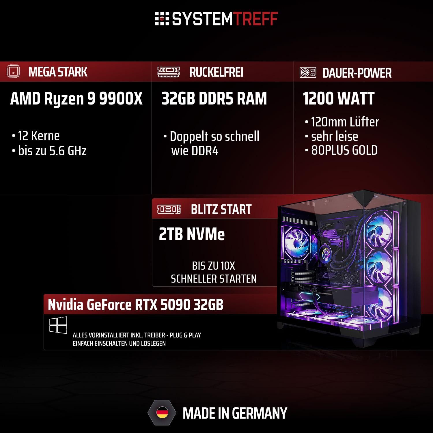 SYSTEMTREFF AMD Ryzen 9 9900X mit Nvidia GeForce RTX 5090 32GB Gaming-PC (AMD 9900X 9900X, Nvidia GeForce RTX 5090, 32 GB RAM, 2000 GB SSD, Wasserkühlung)