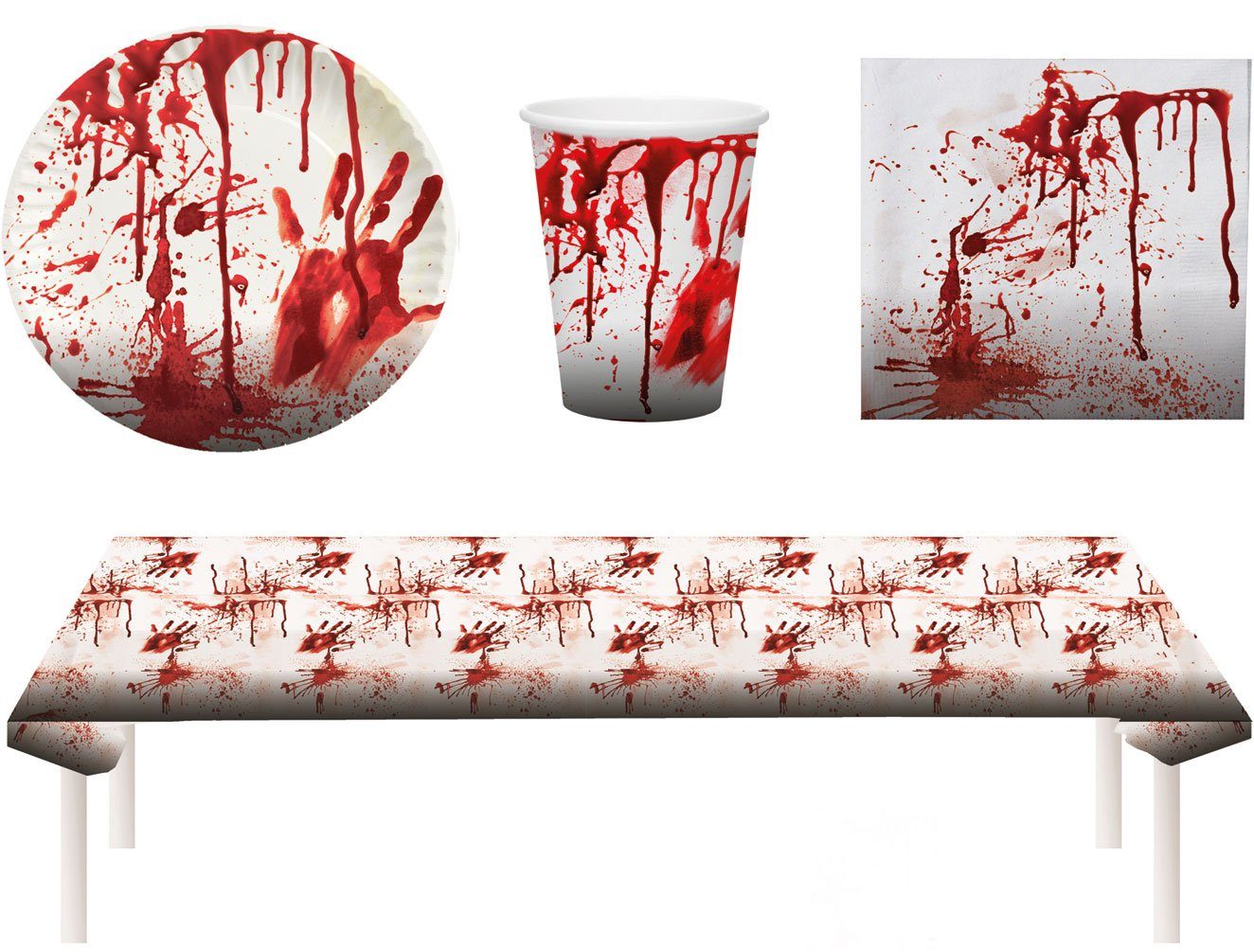 Einweggeschirr-Set Blutige Set Teller Karneval-Klamotten Tischdecke Becher Horror Set Halloween Servietten Feier 37 Horror Blutig 8 Pers., Party Tlg