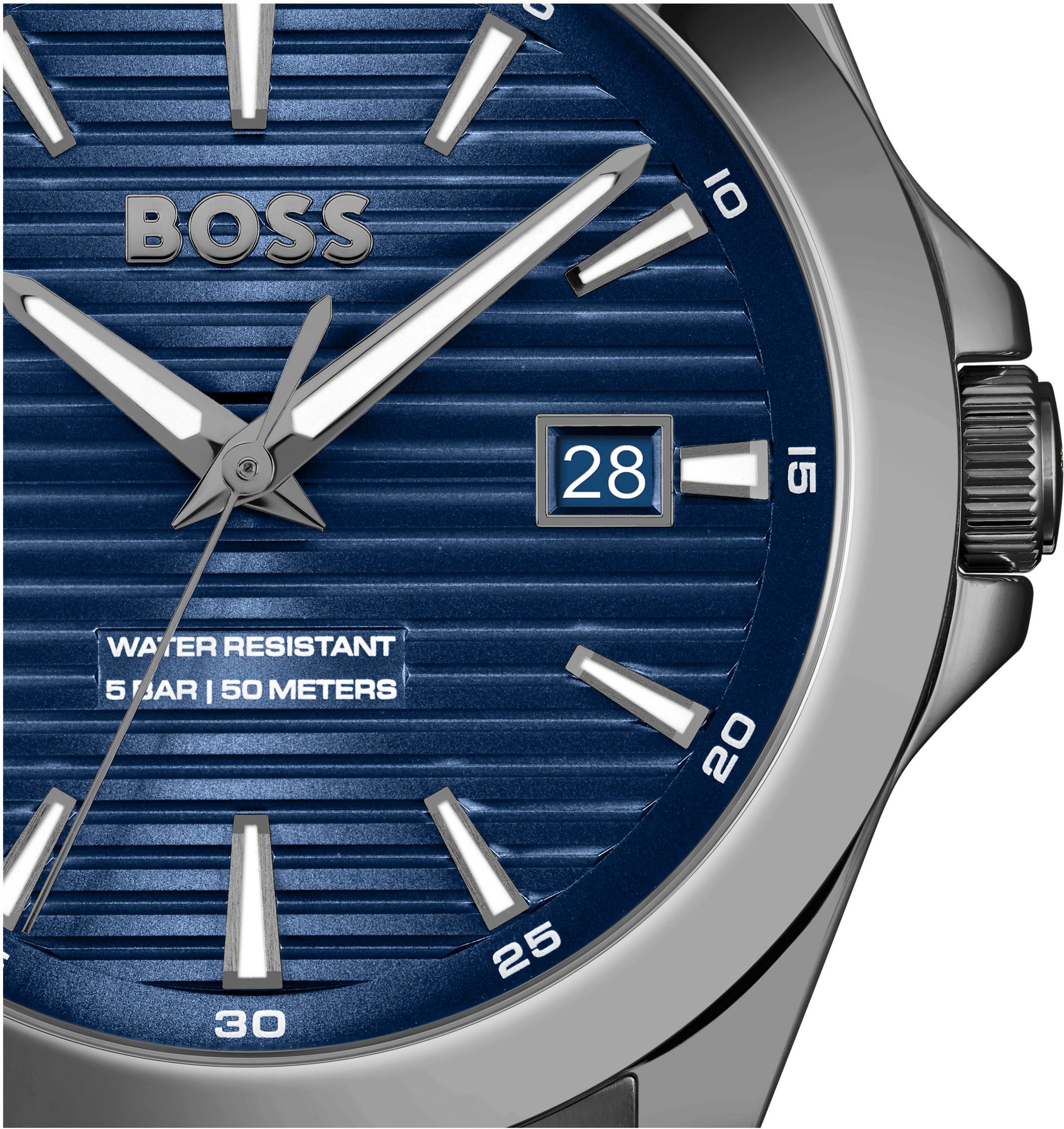 BOSS Quarzuhr STRIKE 1514175, Armbanduhr, Damenuhr, Herrenuhr, Edelstahlarmband, analog, Tag