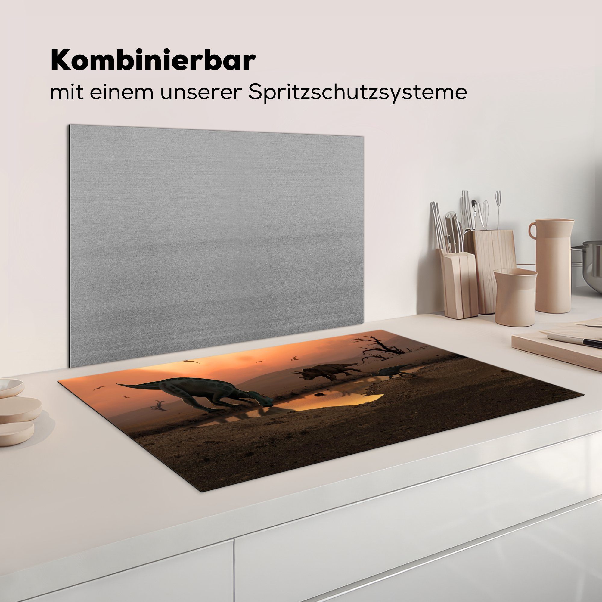 cm, Ceranfeldabdeckung, - MuchoWow Tiere - (1 Kinder küche 83x51 Wilde Dinosaurier Kind, Zeichnung - - tlg), Arbeitsplatte Herdblende-/Abdeckplatte für Vinyl,