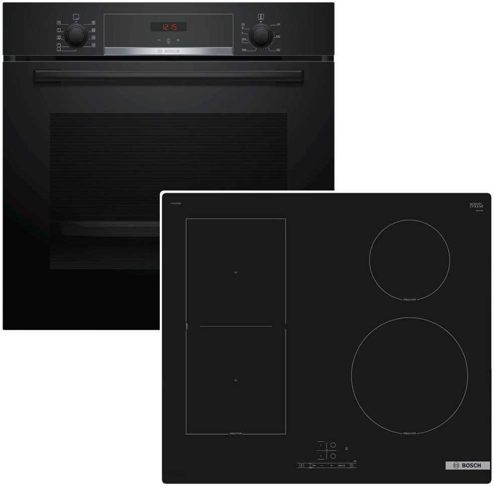 BOSCH Backofen-Set EcoClean 3D Heißluft EEK:A+ Induktionskochfeld Booster CombiZone 60cm, Hydrolyse