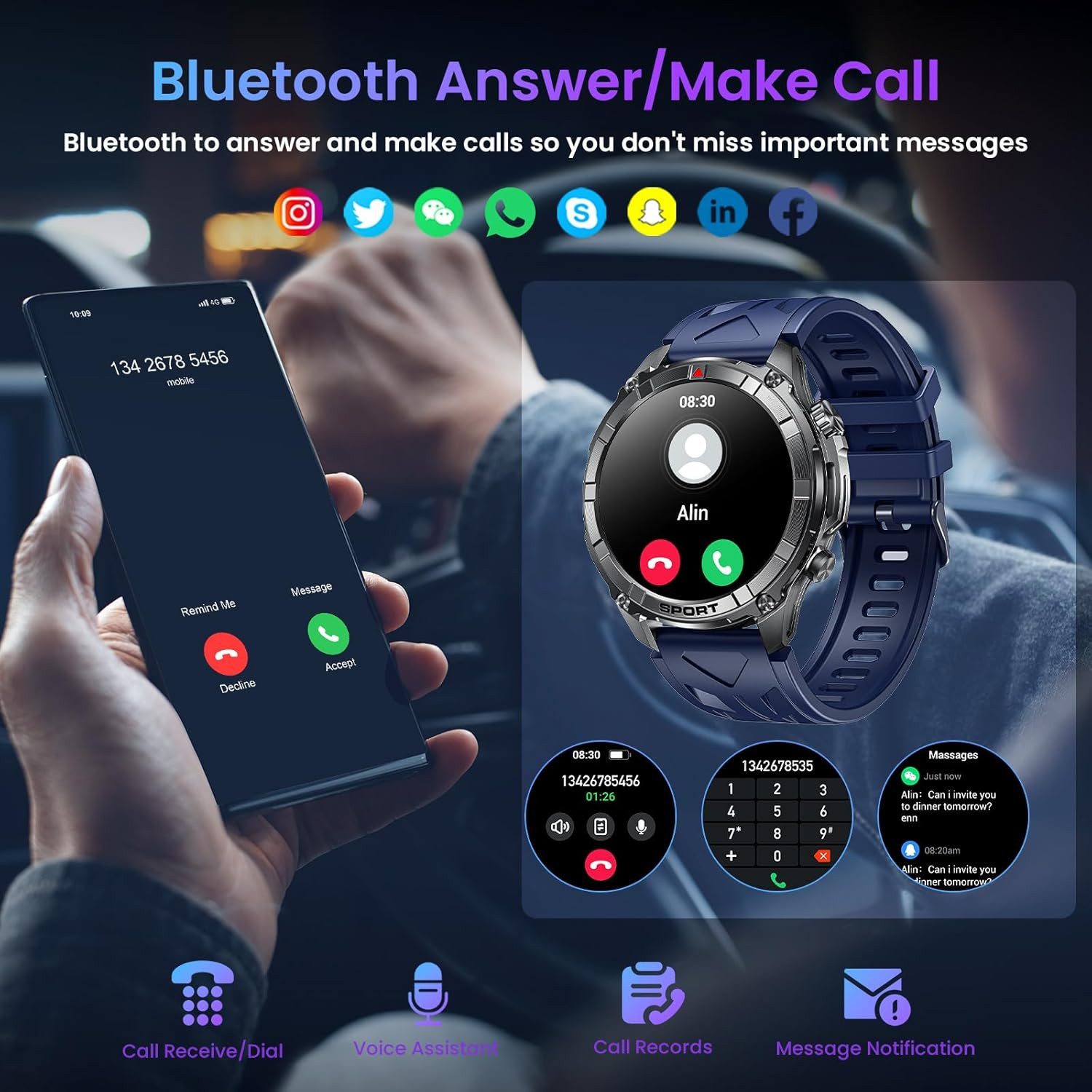 Motsfit Smartwatch (3,8 cm, android ios), Smartwatch Herren mit 1.52" Display, Bluetooth Telefonie