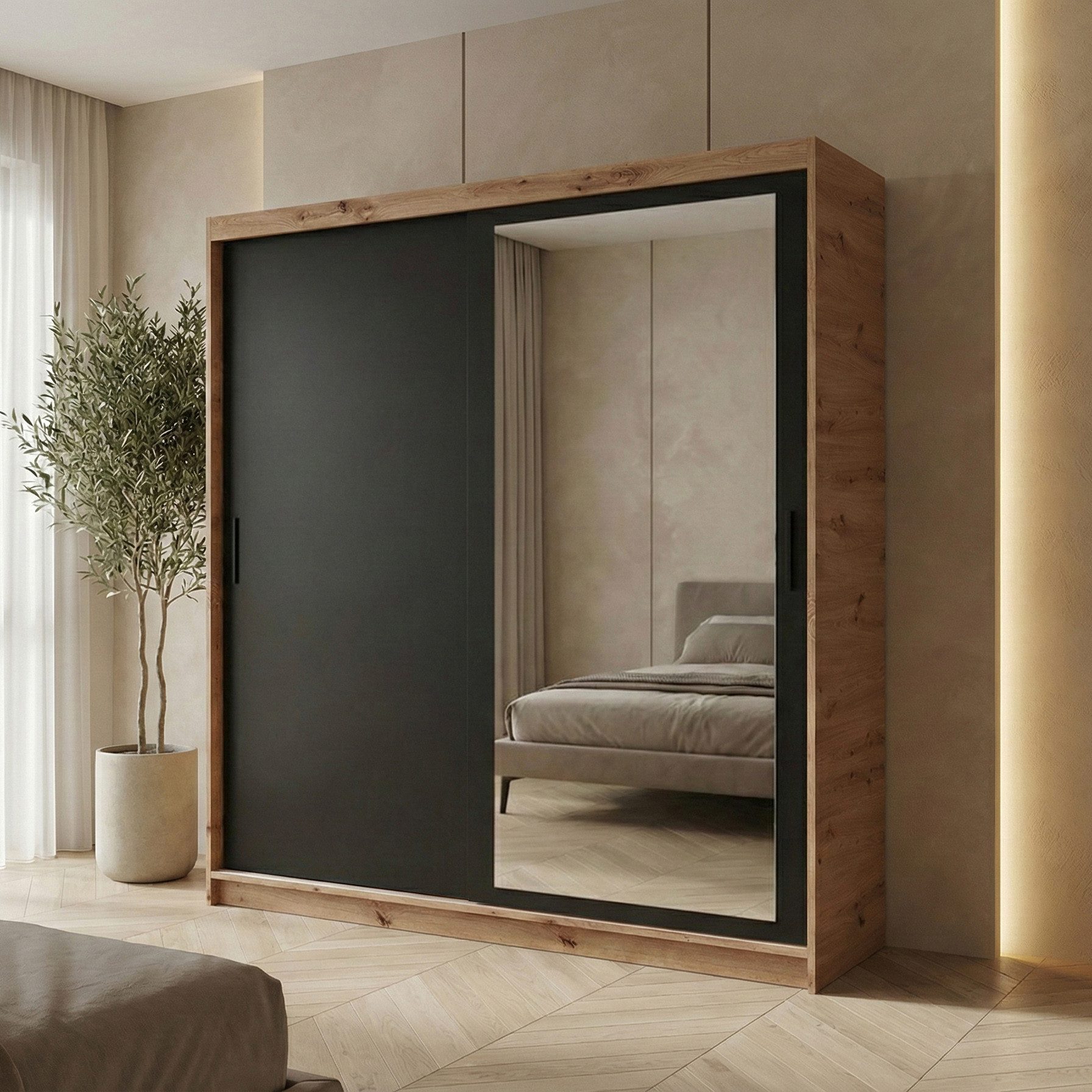 Beautysofa Kleiderschrank HELA (Schrank mit Spiegel, Breite: 100 cm, 120 cm oder 180 cm) Weiß, Schwarz oder Schwarz + Artisan