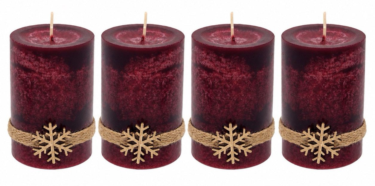 ZauberDeko Adventskerze 4 Adventskerzen Kerzen Stumpenkerzen Bordeaux Rot Schneeflocke Advent