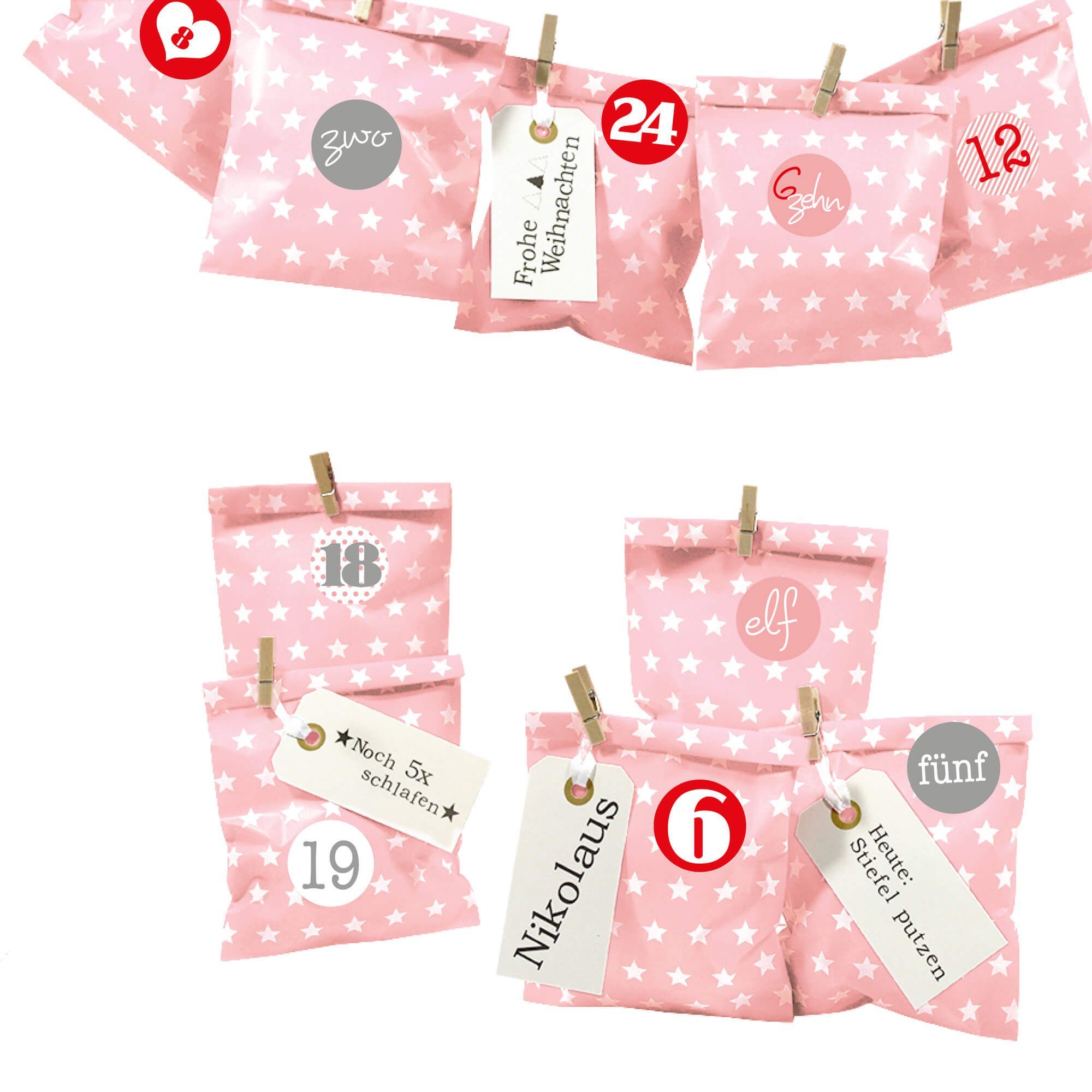 Frau WUNDERVoll befüllbarer Adventskalender Adventskalender Bescherung, rosa Stern, Ziffern rosa-rot