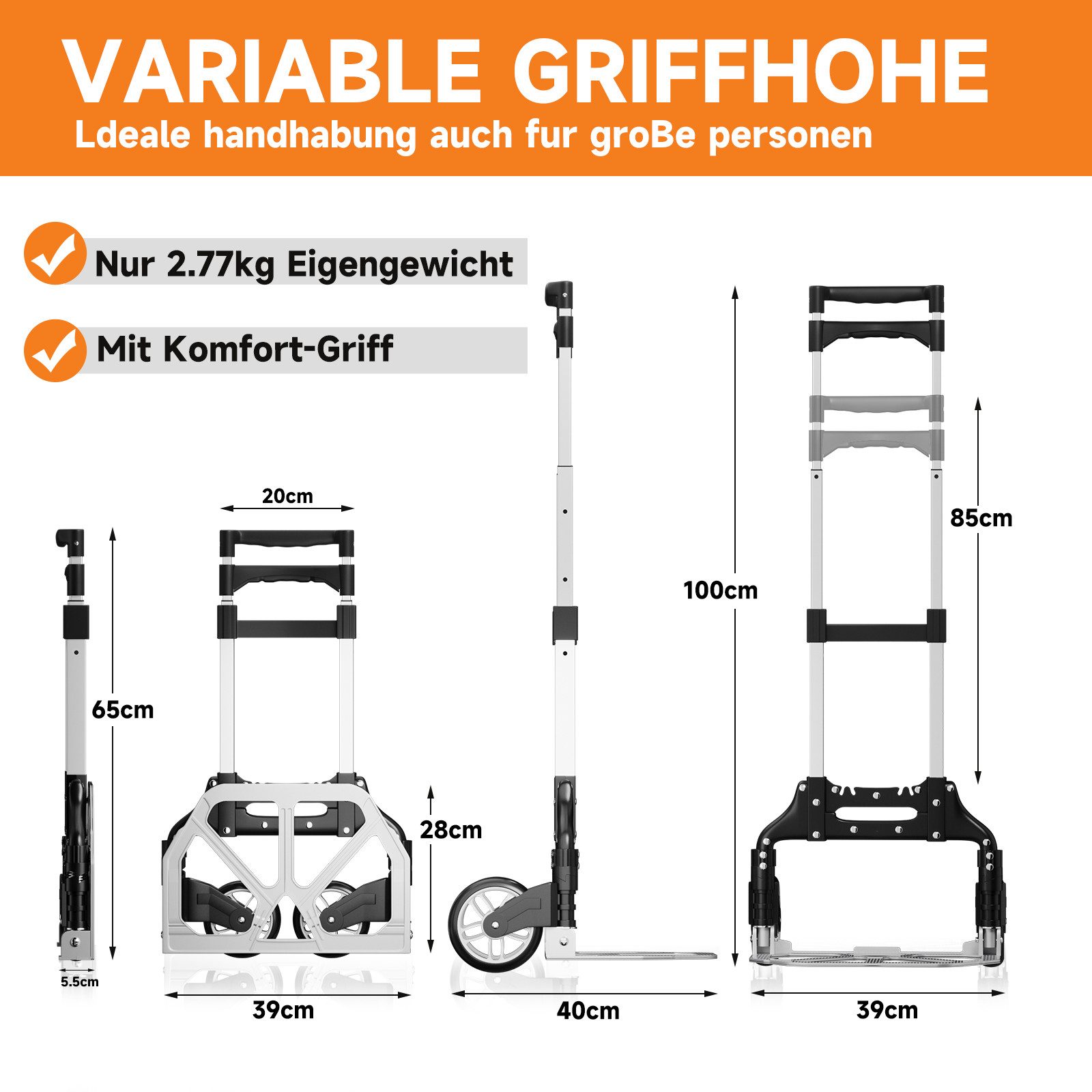 HOMELUX Sackkarre klappbar Transportkarre bis 75 kg, Höhenverstellbarer Griff, (Packung)