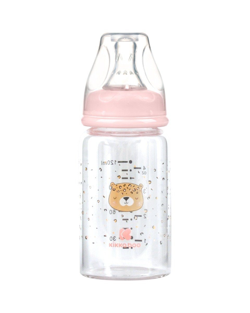 Kikkaboo Babyflasche Baby Savanna Deckel S Größe 120 Glasflasche ml, rosa Anti-Kolik-Silikonsauger