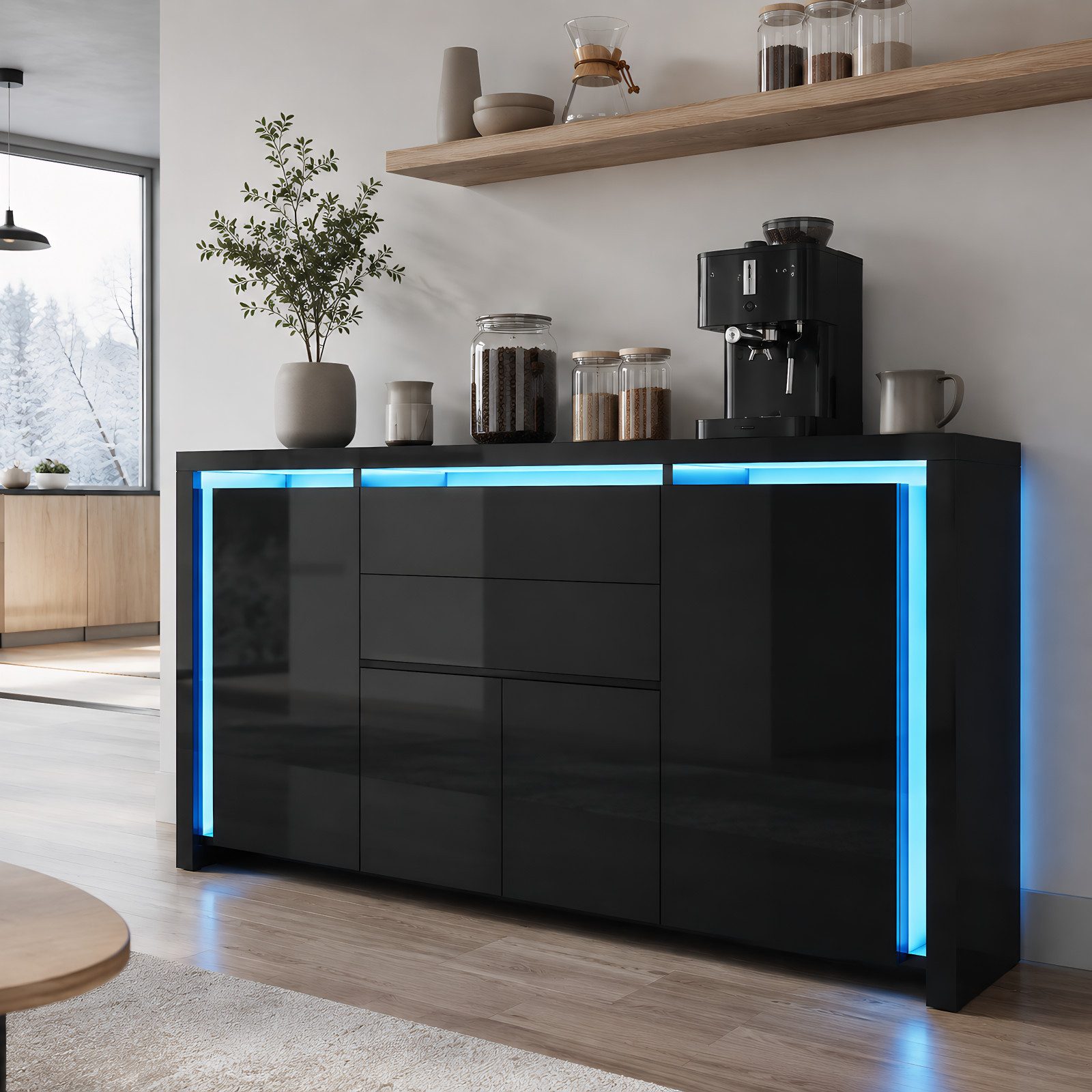 Simurq Kommode Weiß Hochglanz Sideboard Modern Mit LED, 2 Schubladen Und 4 Schränken (Packung, Küchenschrank Buffetschrank Für Wohnzimmer, Schlafzimmer, Büros, Flur), Breite 160cm