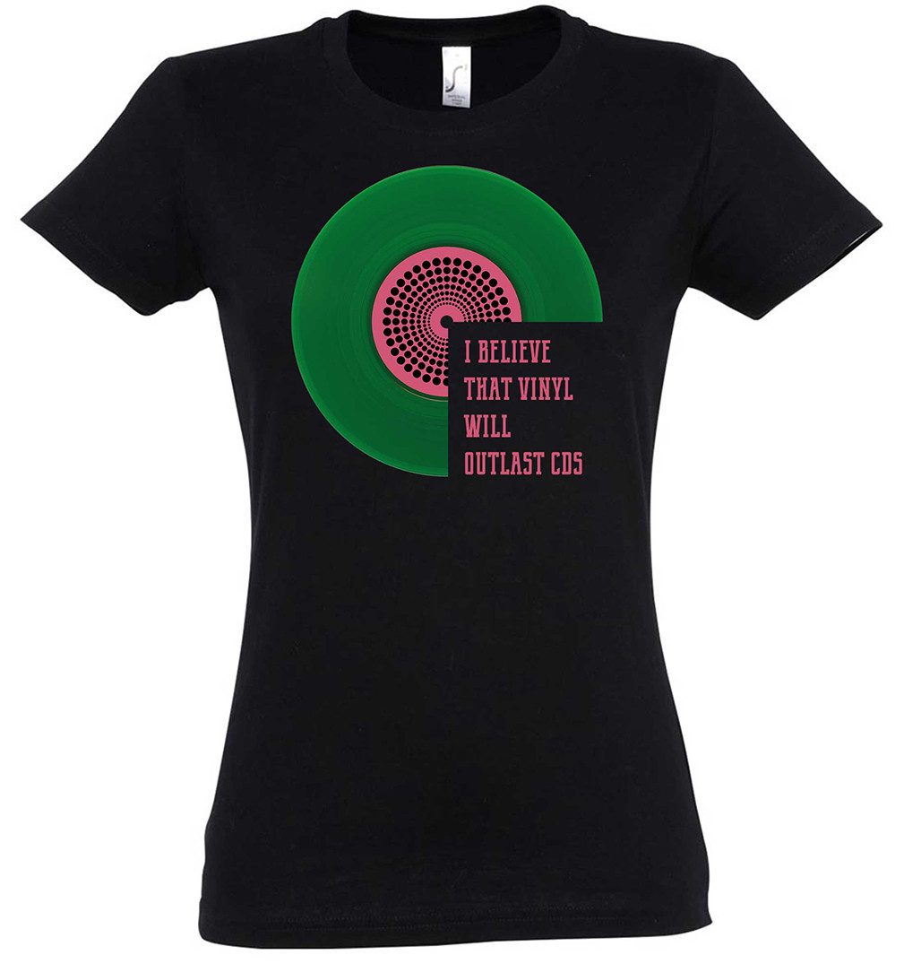 Urban Backwoods Print-Shirt Schallplatte Will Outlast CD Damen T-Shirt Schallplatte Record Player (1-tlg) Musik Music DJ Turntables
