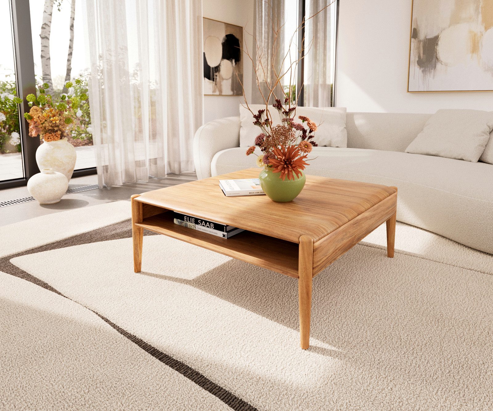 DELIFE Couchtisch Simcha, Akazie Natur 90x90 cm 1 Fach Couchtisch