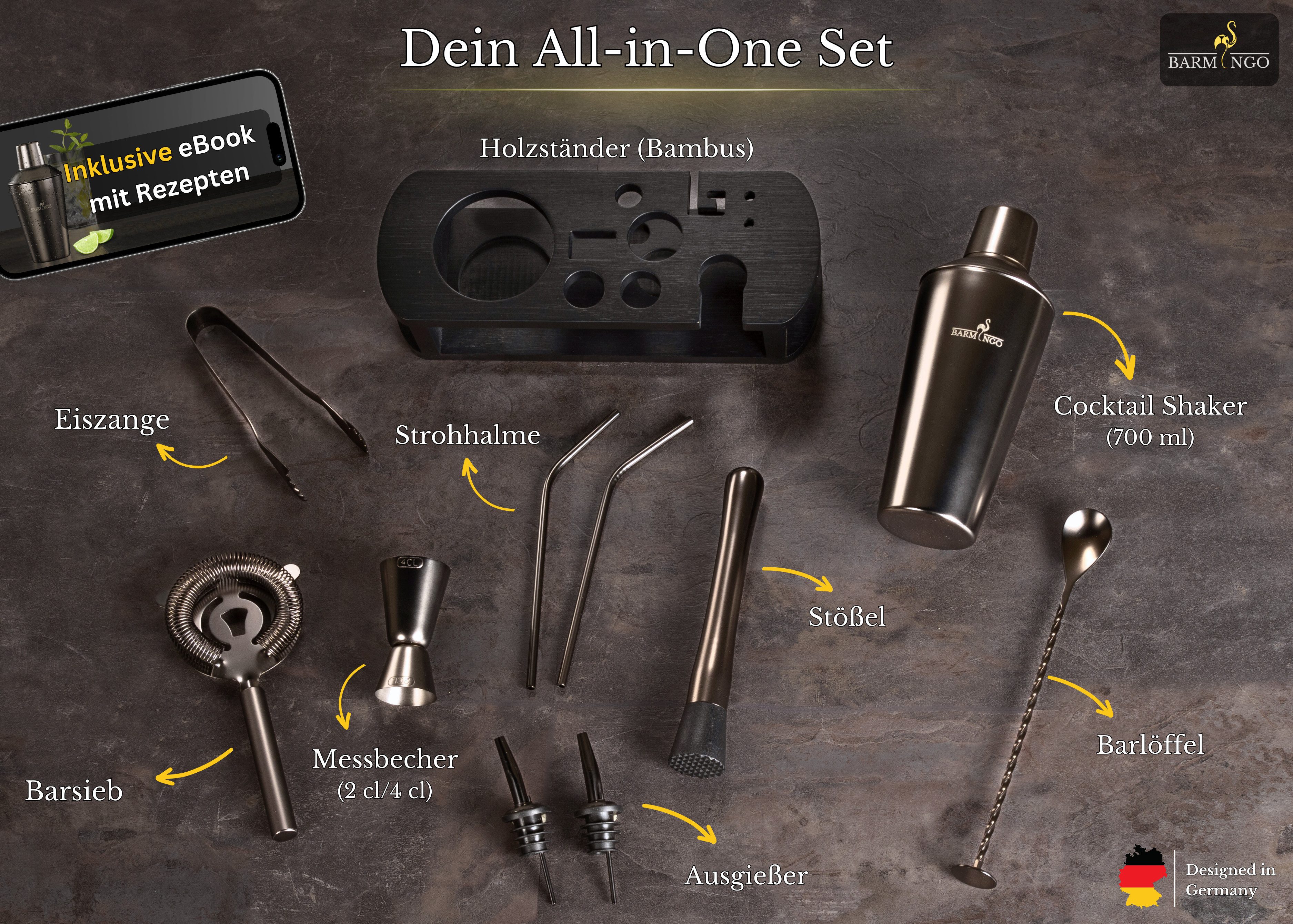 BARMINGO Cocktail-Set Edelstahl Cocktail Shaker Set (700 oder 500ml) mit Bar Zubehör, (Cocktailshaker Set, 11-tlg., für Profis und Anfänger), Cocktail Zubehör mit hochwertiger Beschichtung in stilvollen Farben