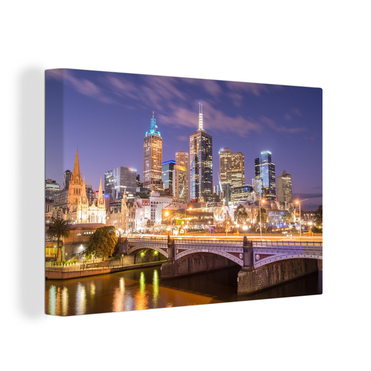 OneMillionCanvasses® Leinwandbild Skyline von Melbourne bei Nacht, (1 St), Wandbild Leinwandbilder, Aufhängefertig, Wanddeko, 30x20 cm