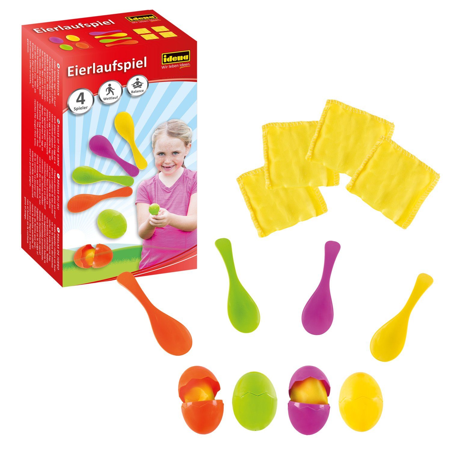 Idena Spiel Idena 40074 - Geschicklichkeitsspiel Eierlaufen, mit 4 Eiern und 4