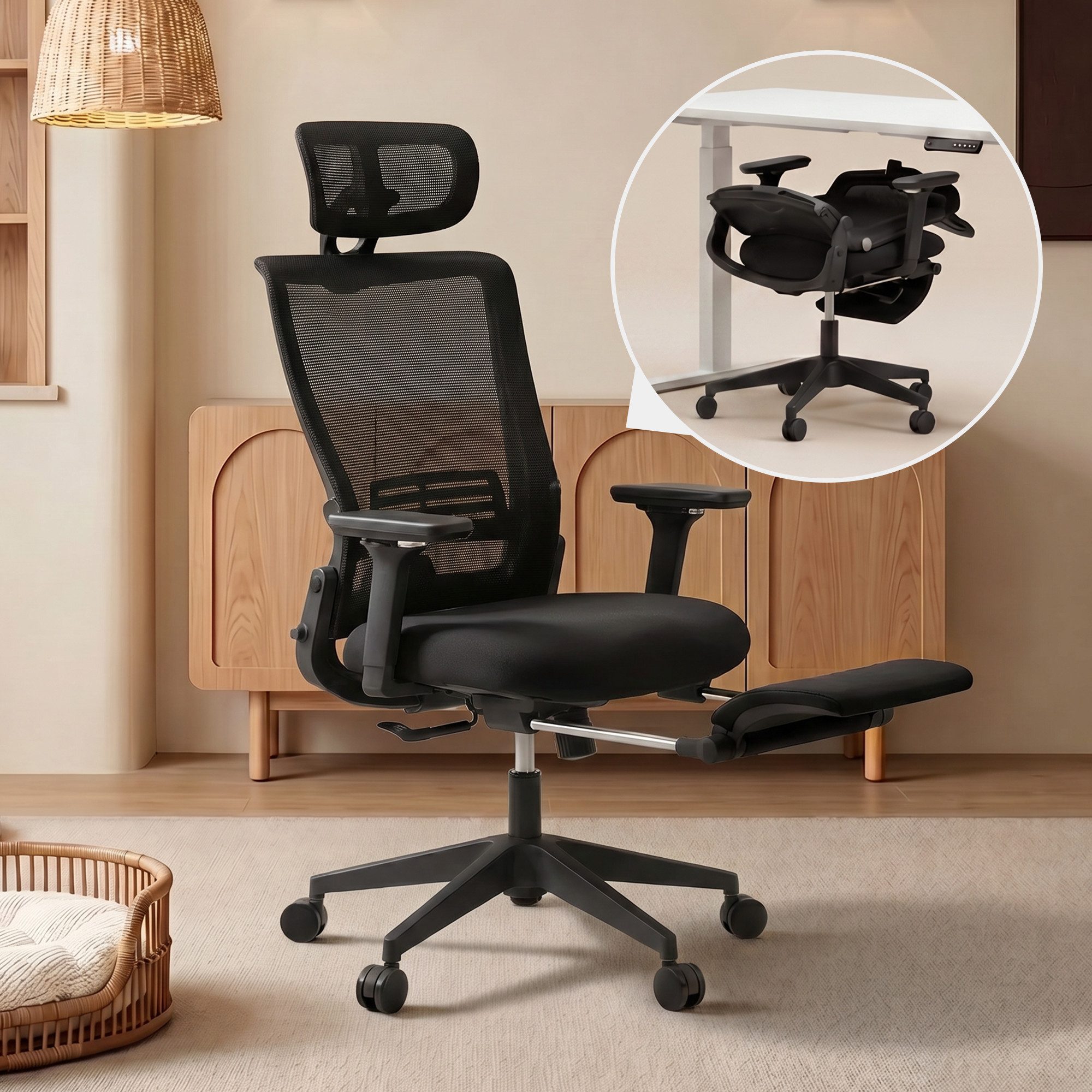 welax Bürostuhl mit 4D-Armlehnen, Fußstütze, Lendenstütze und 2D-Kopfstütze (1 St), Klappbarer ergonomischer Computerstuhl, Schreibtischstuhl & Drehstuhl