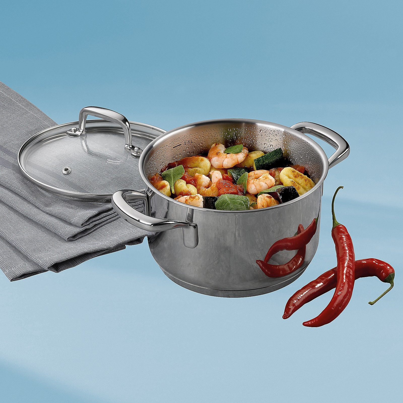 kela Kochtopf Flavoria, Edelstahl 18, 10, Allherdboden, Glasdeckel mit Auslassventil, Innenskala, bis 180°C