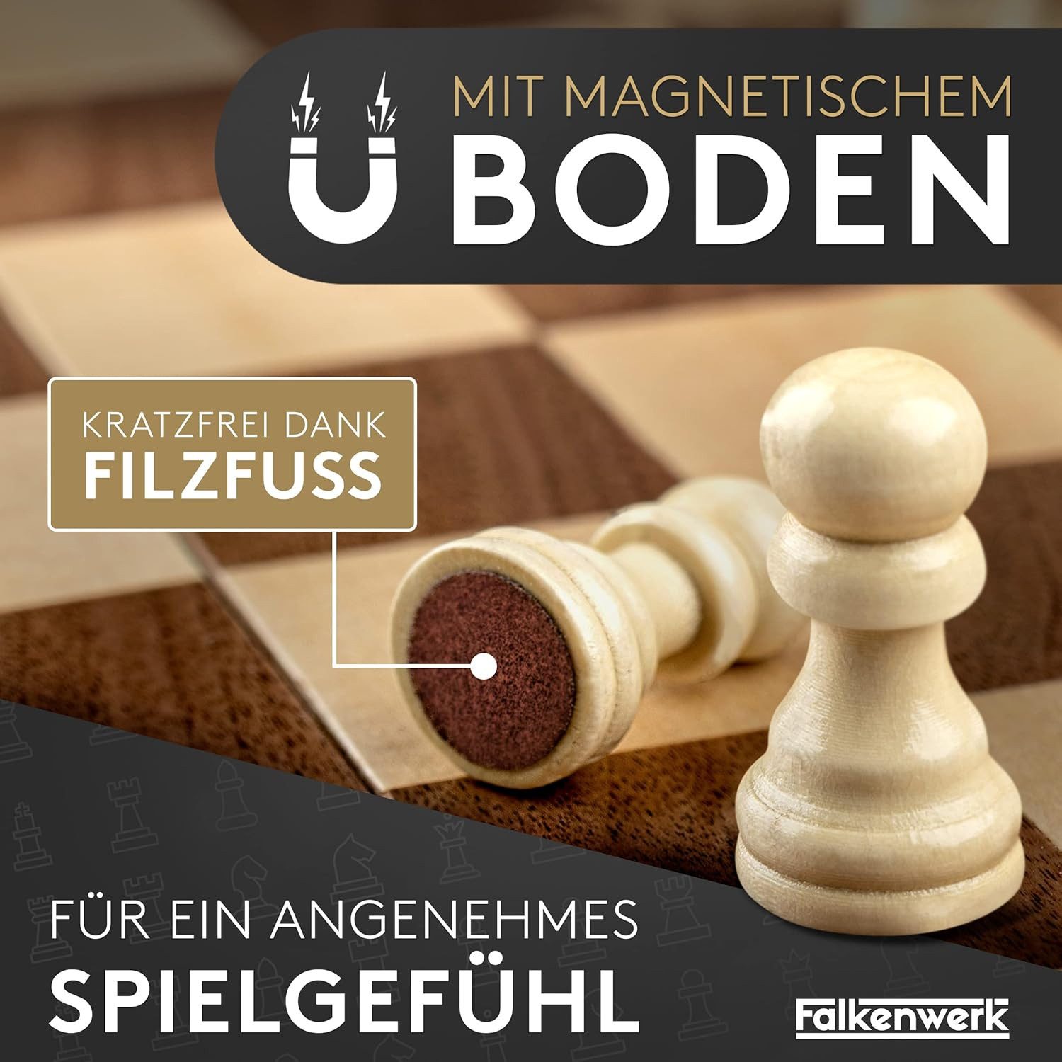 Falkenwerk Spiel magnetisches Schachspiel aus Holz [38x38 cm], Spielfiguren aus Echtholz mit Magnetfuß & Filz, Ratgeber & Tragetasche