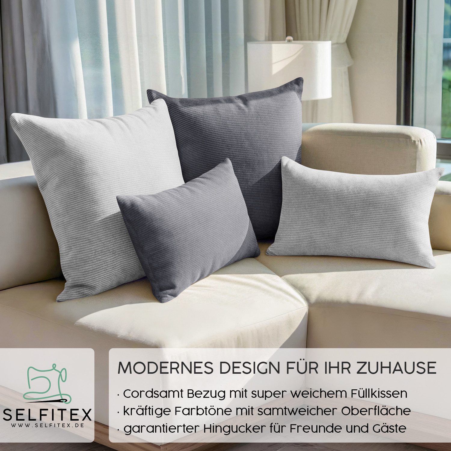 Selfitex Dekokissen 4er Set Cord Kissen inkl. Füllkissen, 2x 50x50 & 2x 30x50, robuster Bezug mit satten Farben, weiches Füllkissen