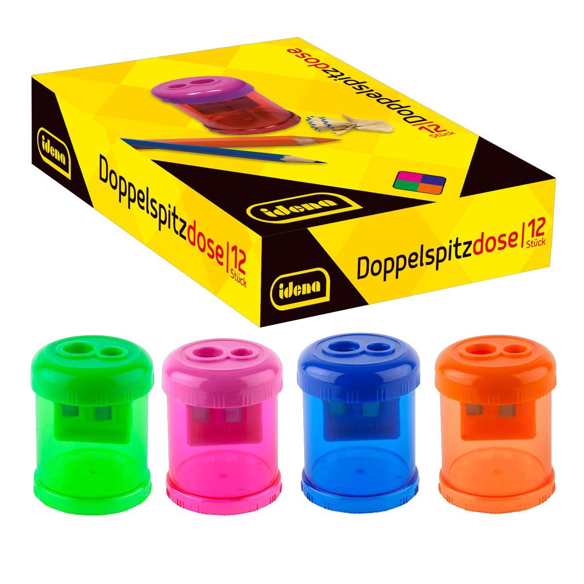 Idena Anspitzer Idena Doppelspitzdose rund - Anspitzer mit 2 Spitzgrößen - 4-fach sort