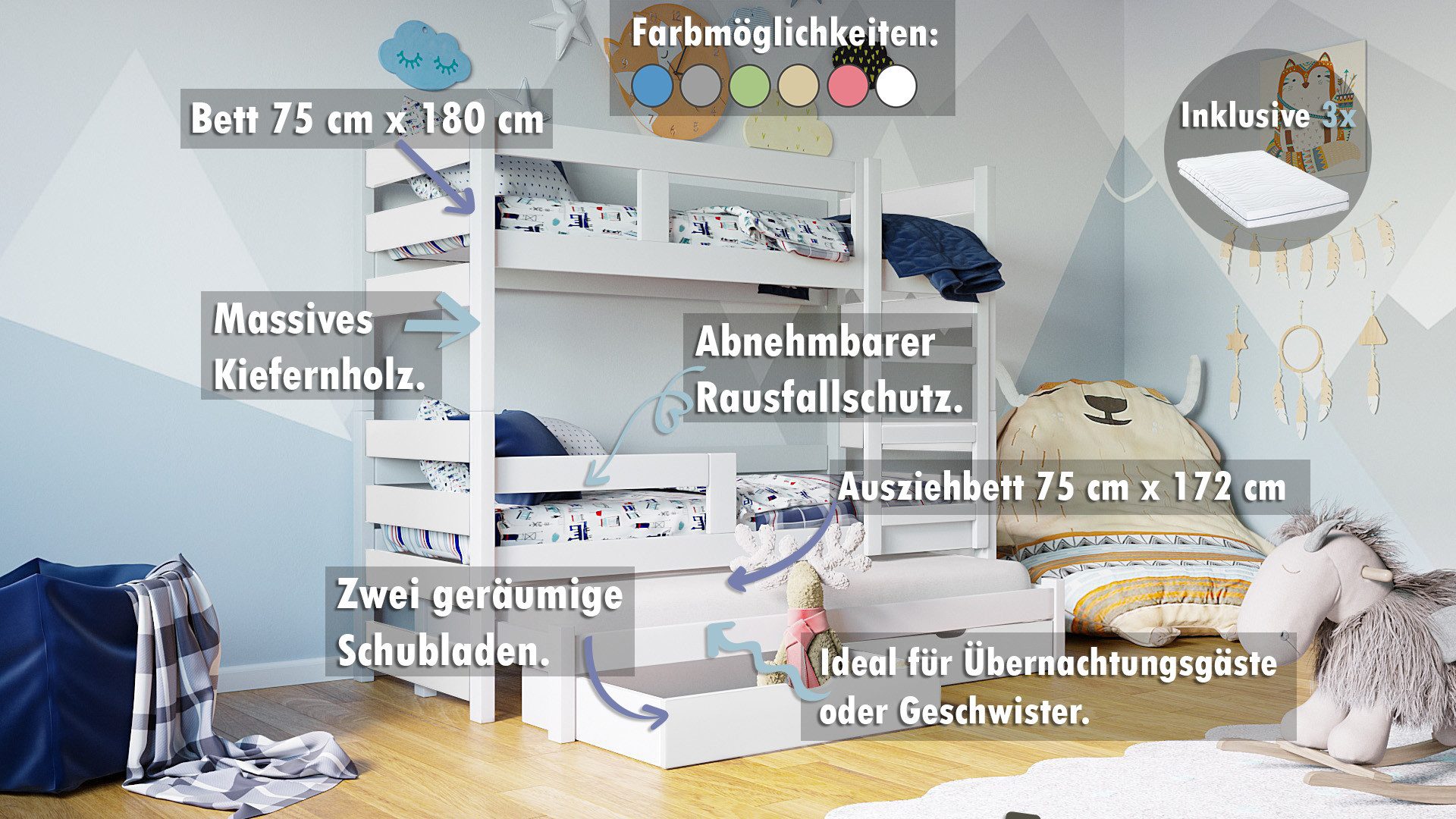thematys Hochbett Etagenbett mit Ausziehbett + Rausfallschutz INKL. 3 Matratzen 180x75cm (MADE IN EU-Kinderbett für Jungen und Mädchen, in Weiß, Grau, Natur, Rosa, Grün, Minze oder Blau, inklusive Lattenroste - Aus Kiefernholz und MDF Platten gefertigt) mit zwei Schubladen