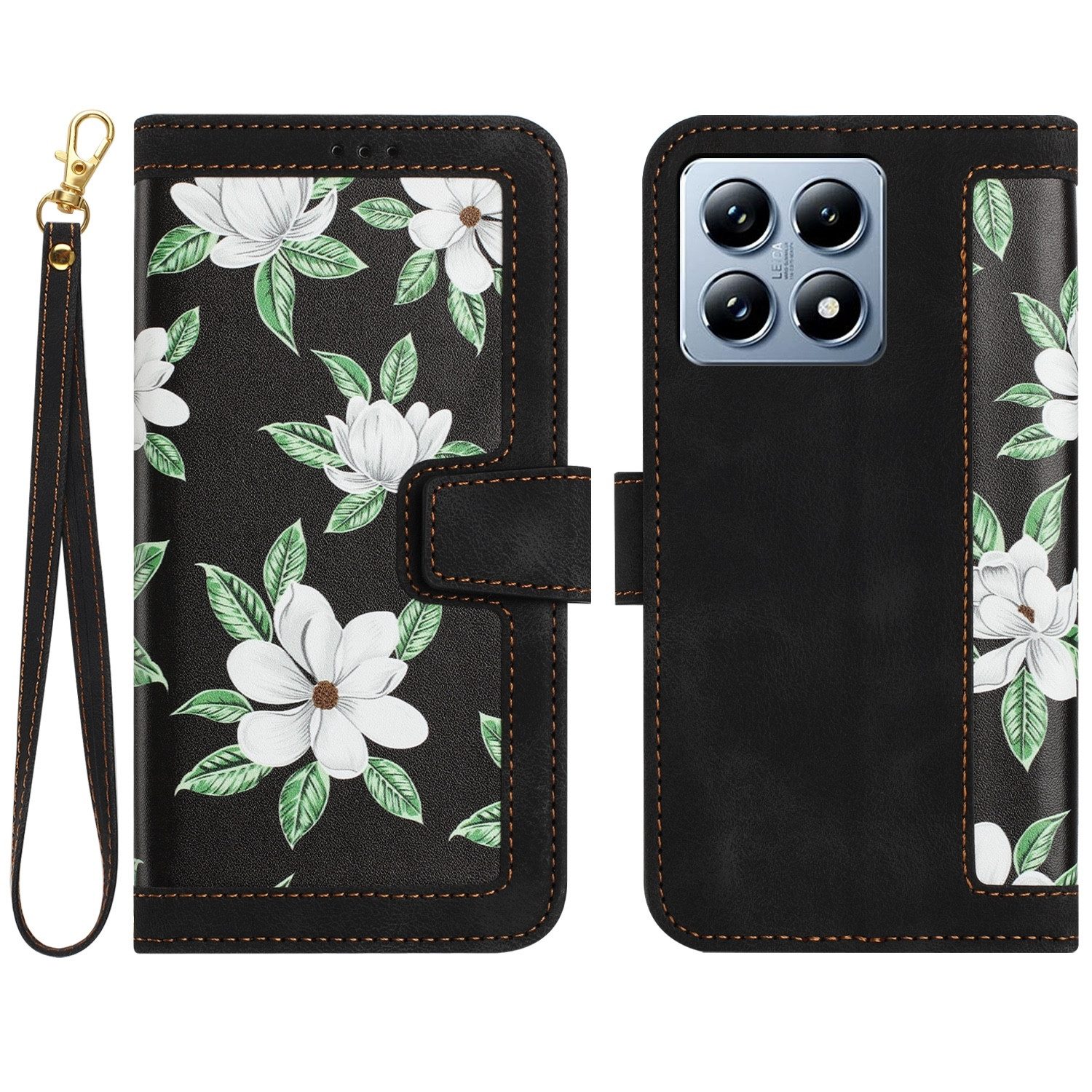 Wigento Smartphone-Hülle Für Xiaomi 14T Kunstleder Wallet Blumen Design Tasche Hülle Schwarz, Blumenmuster, Kartenfächer, Lanyard