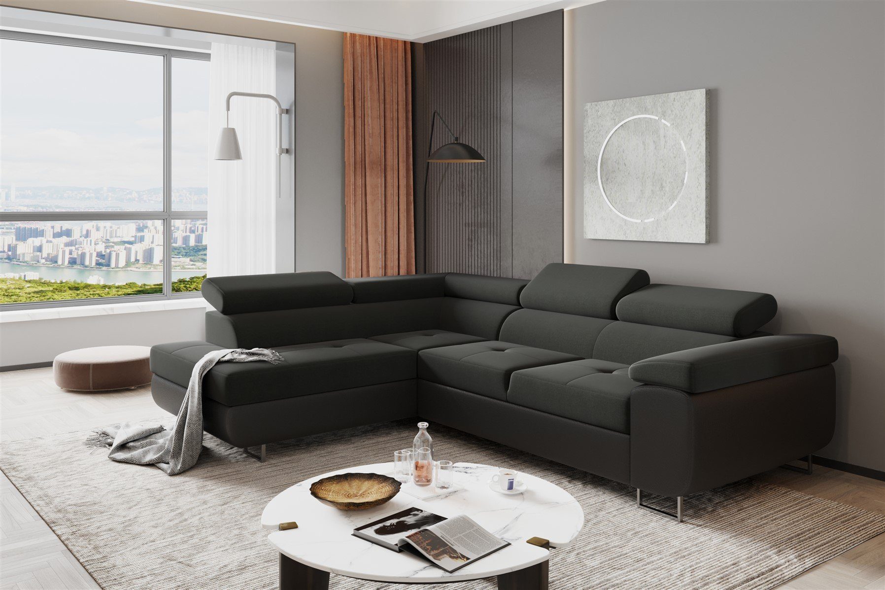 Fun Möbel Ecksofa Couchgarnitur JADE Schwarz Ottomane Rechts oder Links, 1 Teile, mit Schlaffunktion