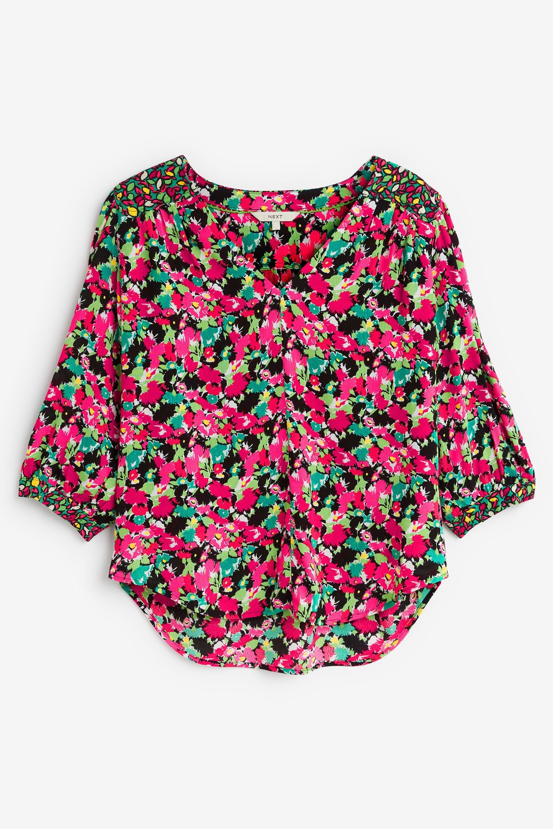 Next Blusenshirt Pink (1-tlg) mit + Oberteil Kurzgröße 3/4-Ärmeln, Floral V-Ausschnitt