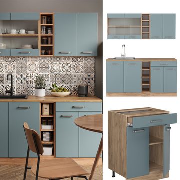 Livinity® Küchenzeile R-Line, Blau-Grau/Goldkraft Eiche, 160 cm, AP Marmor