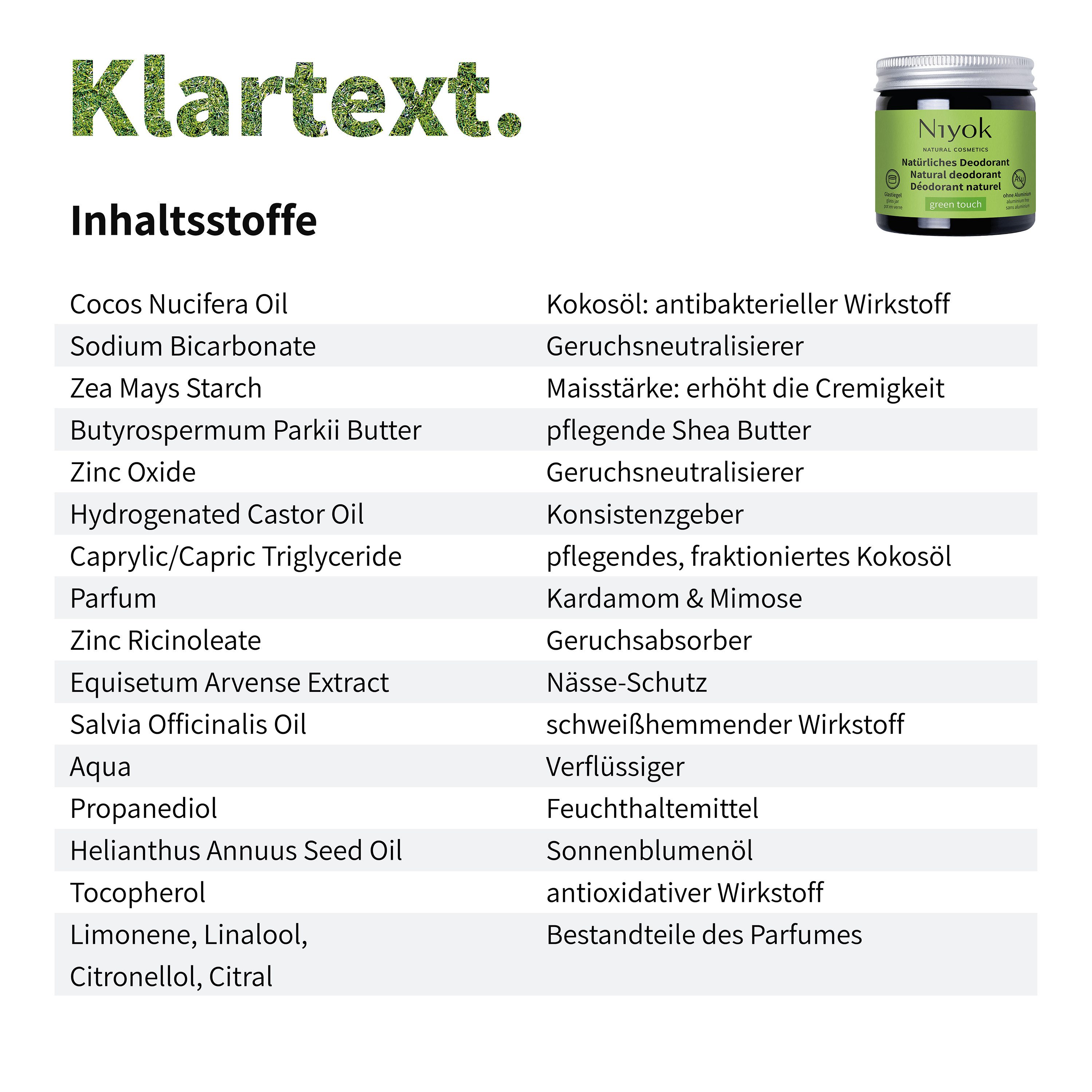 Niyok Deo-Creme 2-in-1 anti-transpirant, Schutz vor Geruch & Schweiß, ohne Alluminium, Green Touch, Deodorant Creme Unisex, Feste Deo Creme, vegan
