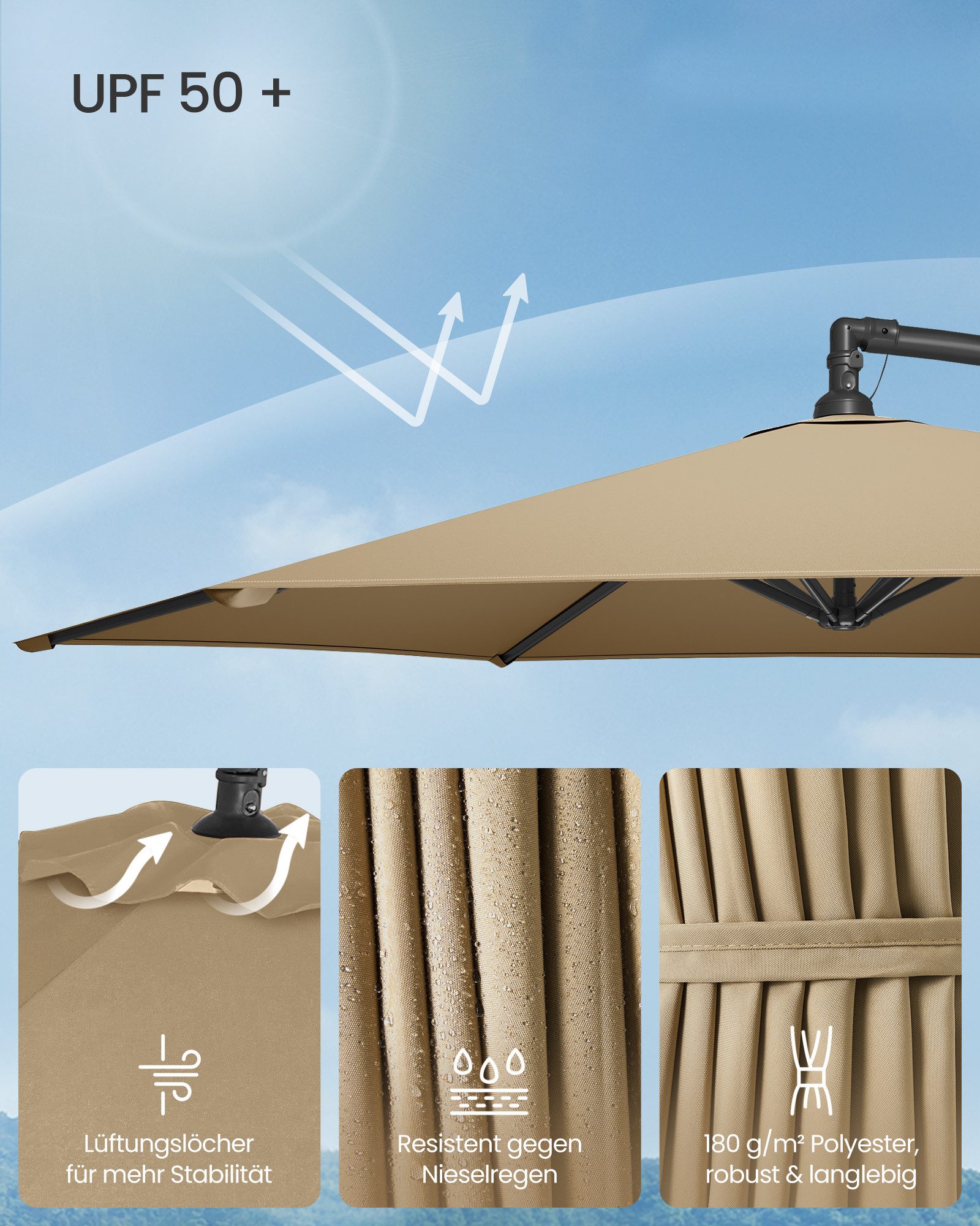 SONGMICS Sonnenschirm, Ø 300 cm,UV-Schutz UPF 50+,mit Kurbel,mit Ständer