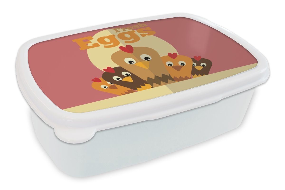 MuchoWow Lunchbox Hühner - Bauernhof - Retro, Kunststoff, (2-tlg), Brotbox für Kinder und Erwachsene, Brotdose, für Jungs und Mädchen weiß