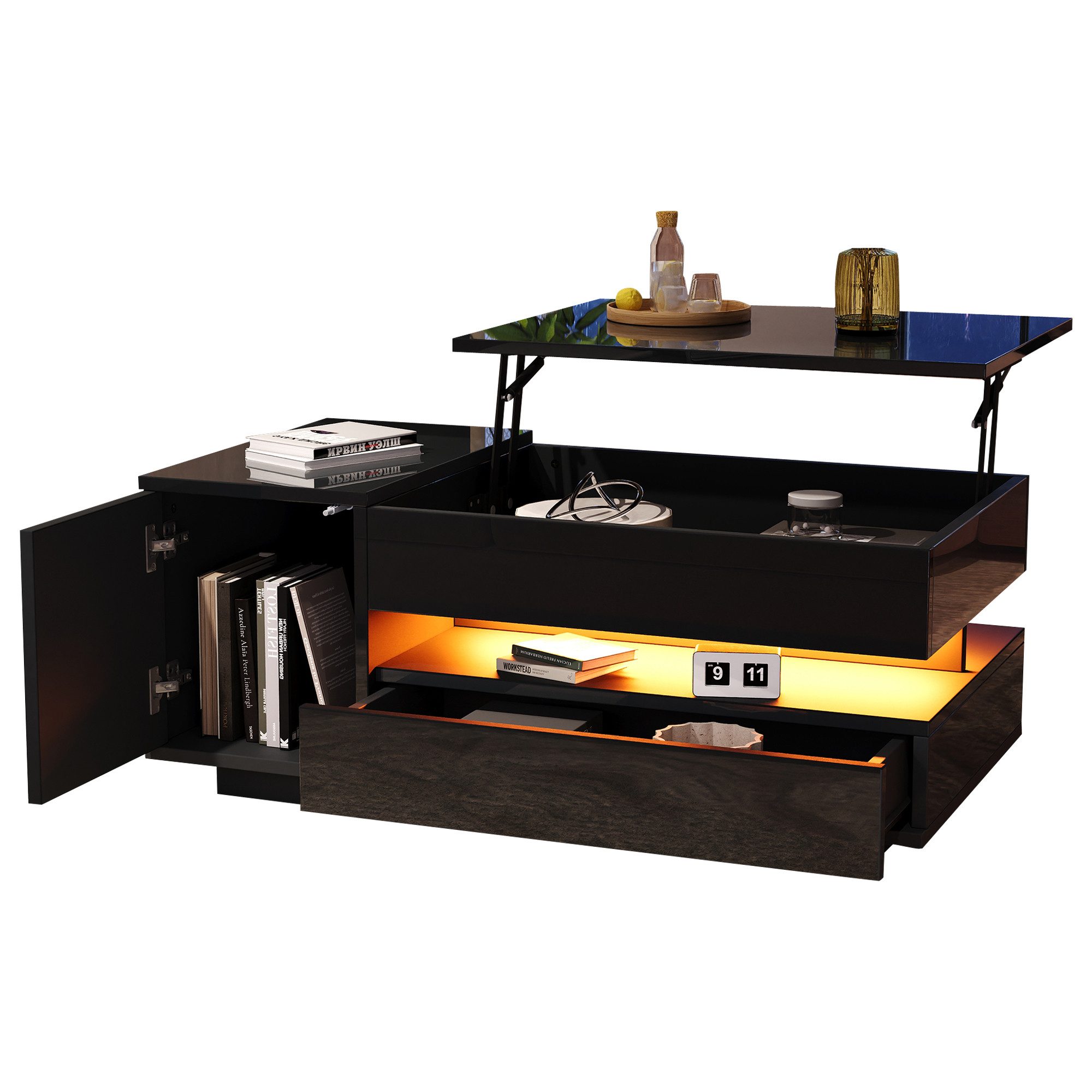 Merax Couchtisch anhebbarer Sofatisch hochglanz Beistelltisch mit LED-Beleuchtung (hydraulische Hebefunktion, modern & funktional, 1-St., Höhenverstellbare Tischplatte), Wohnzimmertisch mit Schublade, Schrank & versteckter Stauraum