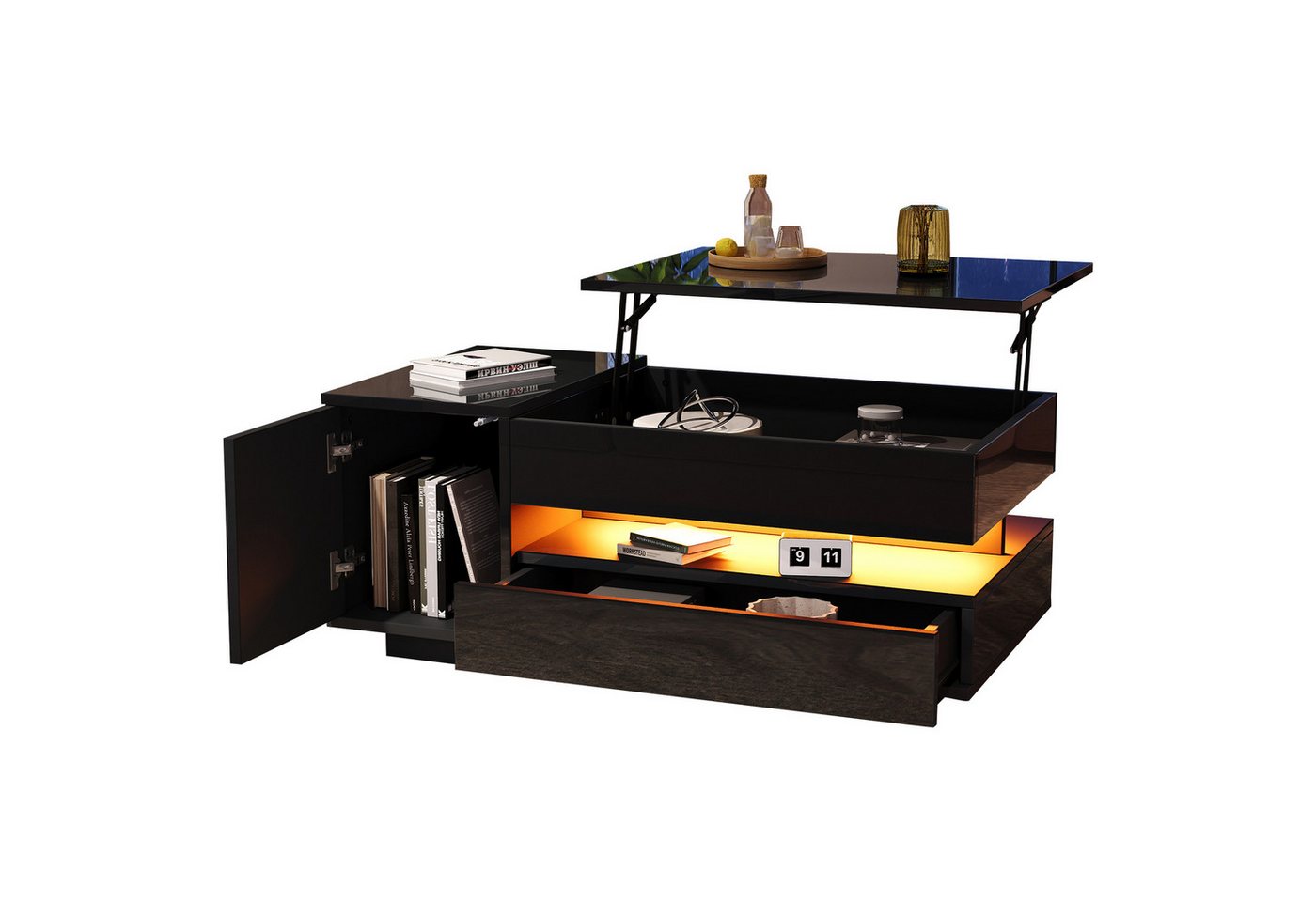 Merax Couchtisch anhebbarer Sofatisch hochglanz Beistelltisch mit LED-Beleuchtung (hydraulische Hebefunktion, modern & funktional, 1-St., Höhenverstellbare Tischplatte), Wohnzimmertisch mit Schublade, Schrank & versteckter Stauraum