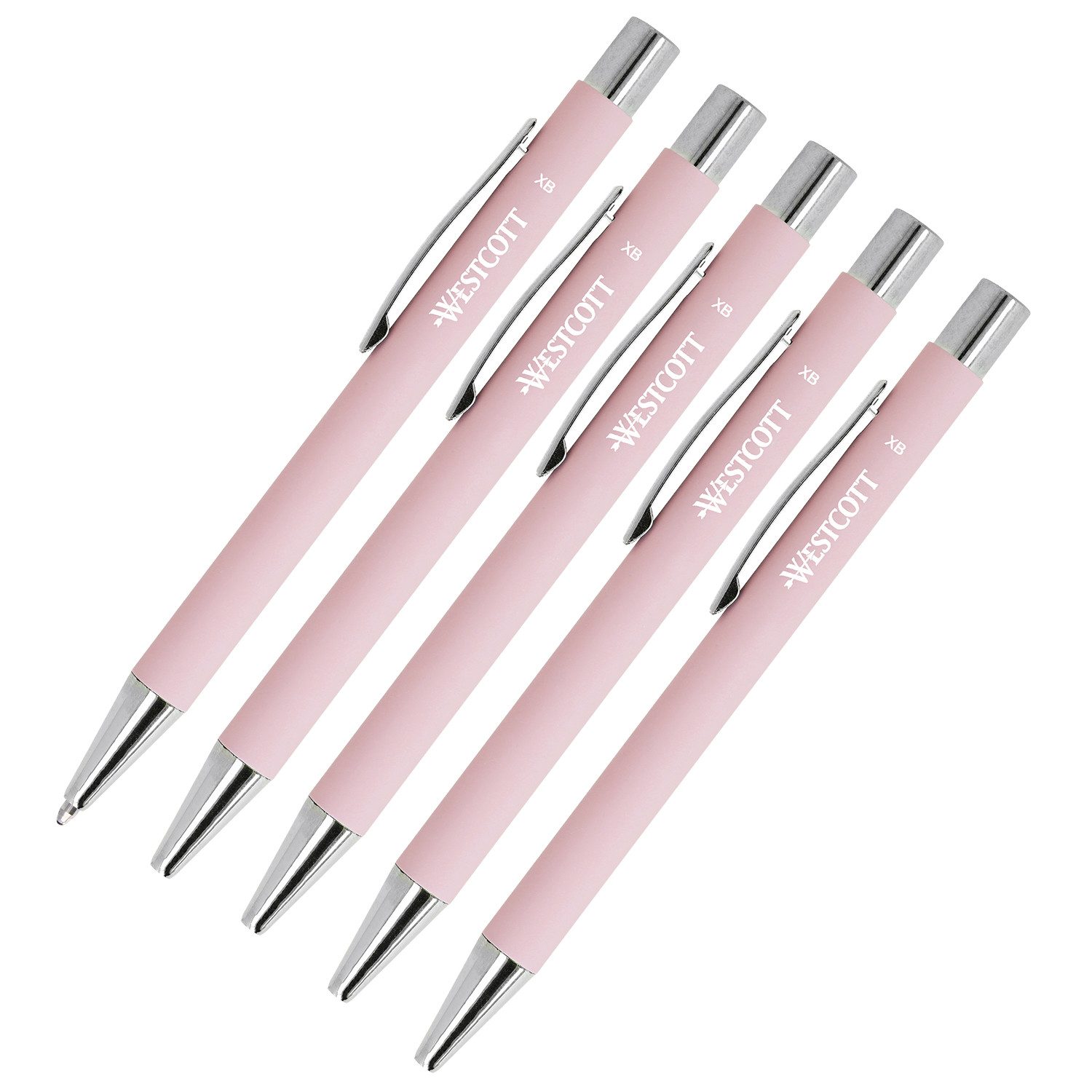 WESTCOTT Druckkugelschreiber Premium Kugelschreiber 5 Stück Rosa, XB 1,4mm blaue Tinte, (Vorteilspack, 5-tlg), aus Aluminium, dokumentenecht